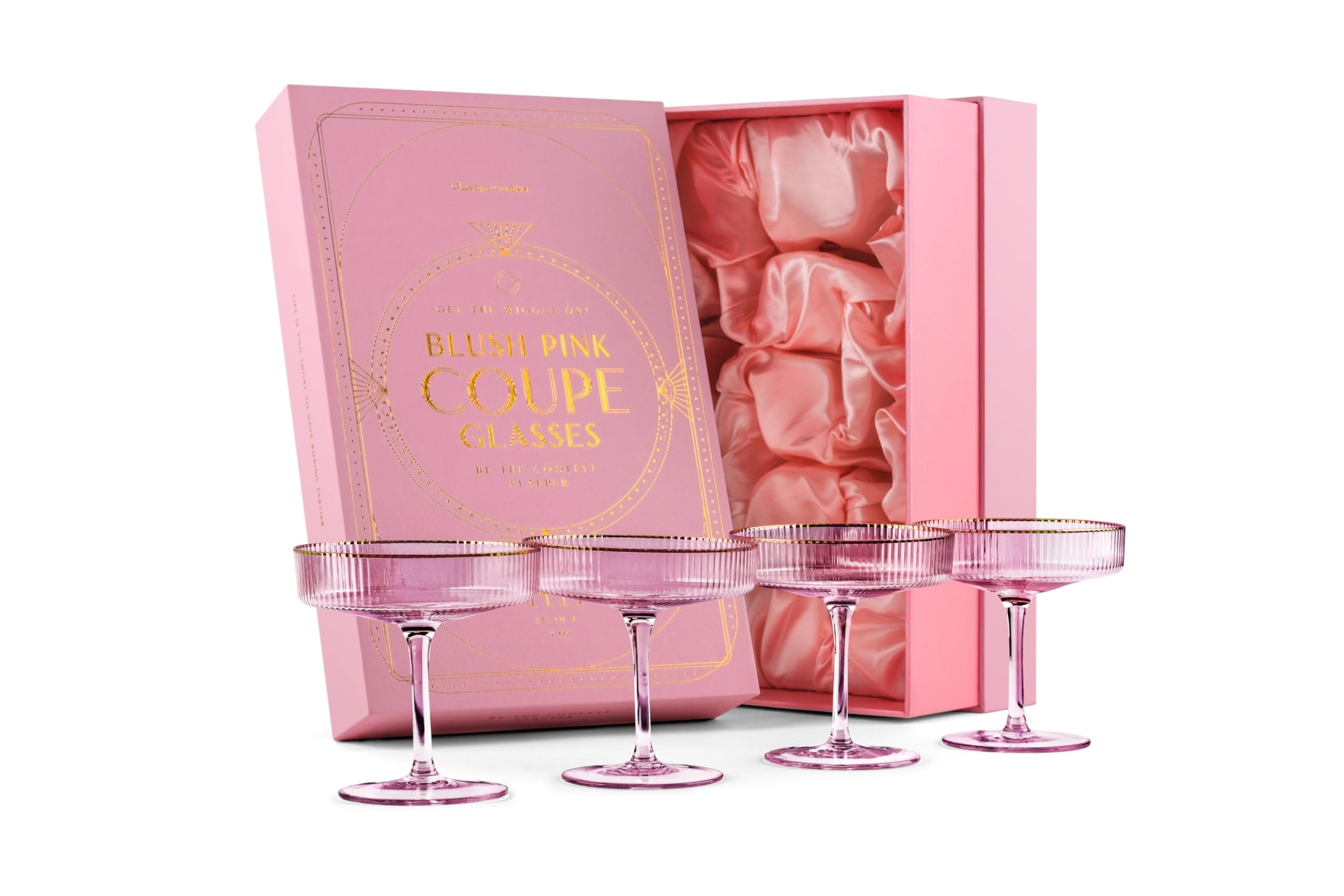 GLASSIQUE CADEAU Vintage Art Deco Blush Pink Coupe Glasses with Gold Rims | Set of 4 | 7 oz Crystal Ribbed Cocktail Glassware for Drinking Champagne, Martini, Cosmopolitan | Girly Speakeasy Saucers - Image 9