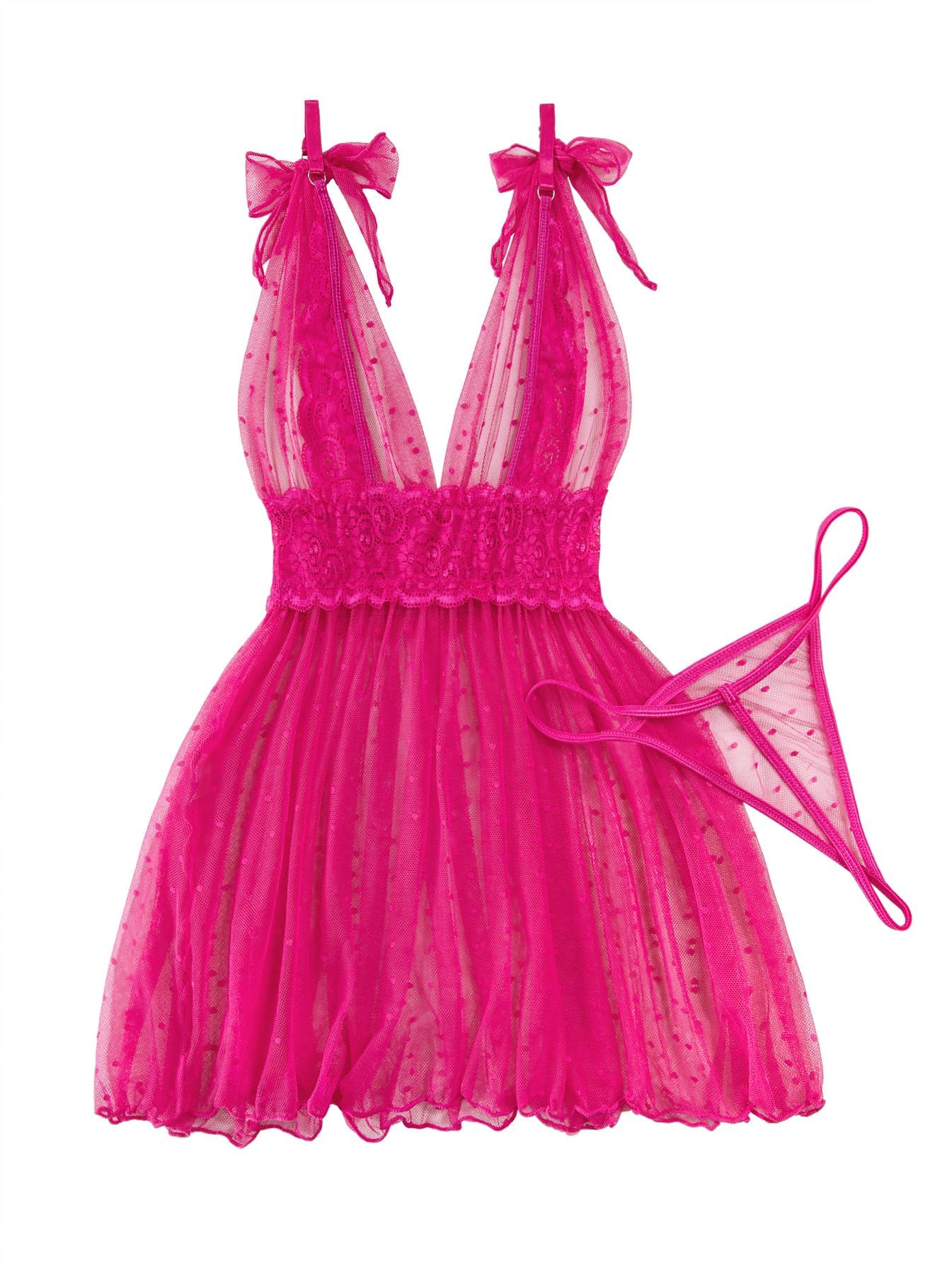 Lilosy Sexy Polka Dots Mesh Sheer Lace Babydoll Chemise Lingerie Set Floral Lace Sleep Wear: Large Neon Hot Pink