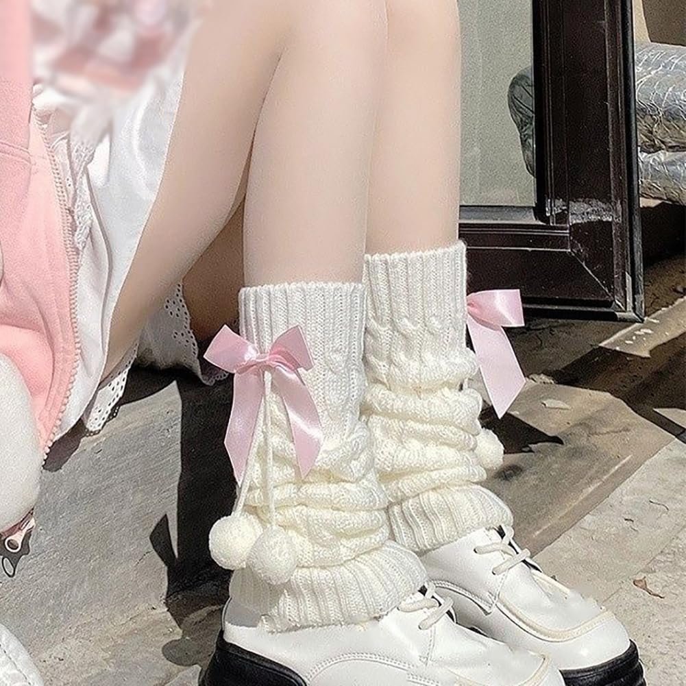 ccHuDE 1 Pair Long Cute Leg Warmers Bowknot Leg Sleeves Winter Warm Leg Warmers Ribbed Knitted Leg Socks Fashion Leg Cover Sleeves for Women Girls: Blue