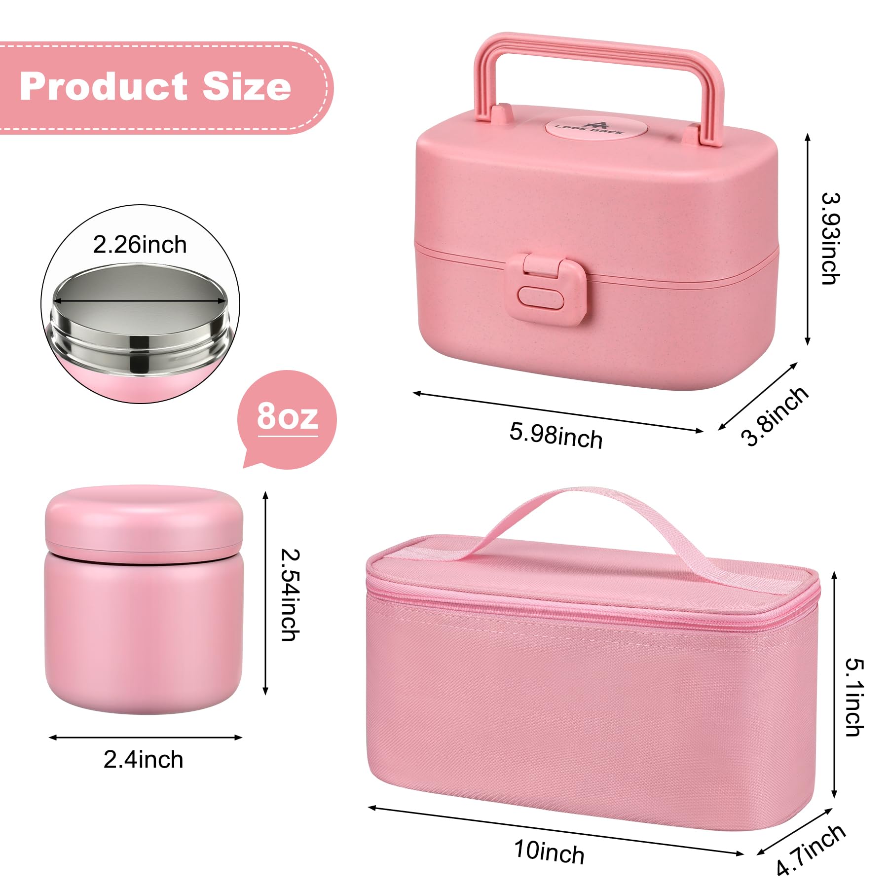 Pawtong Bento Lunch Box with 8oz Soup Thermo, Kids Sustainable Bento Box Leakproof Lunch Food Containers with Lunch Bag, Kids Thermo Insulated Hot Food Jar for School, Trvael (): Pink
