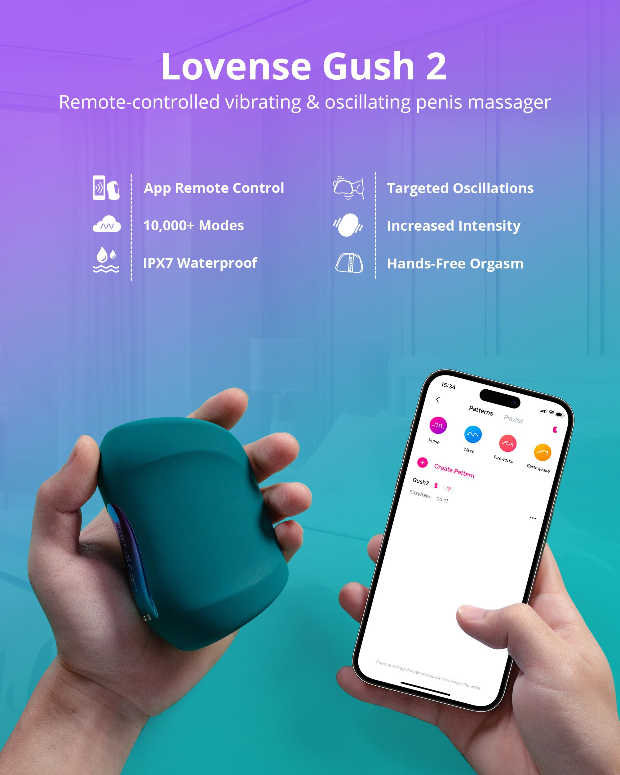 LOVENSE Gush 2 Automatic Male Masturbator Stroker, Vibrating & Oscillating Penis Massager Cock Ring with Endurance Training App Remote Control Vibrator Adult Sex Toys & Games, with Adjustable Buckles