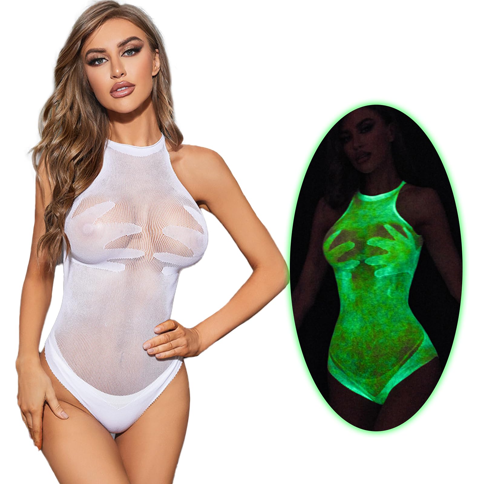 DTWAWA Glow in the Dark Sexy White Fishnet Stockings, Stylish Bodysuit Leggings for Womens Party thumbnail 1