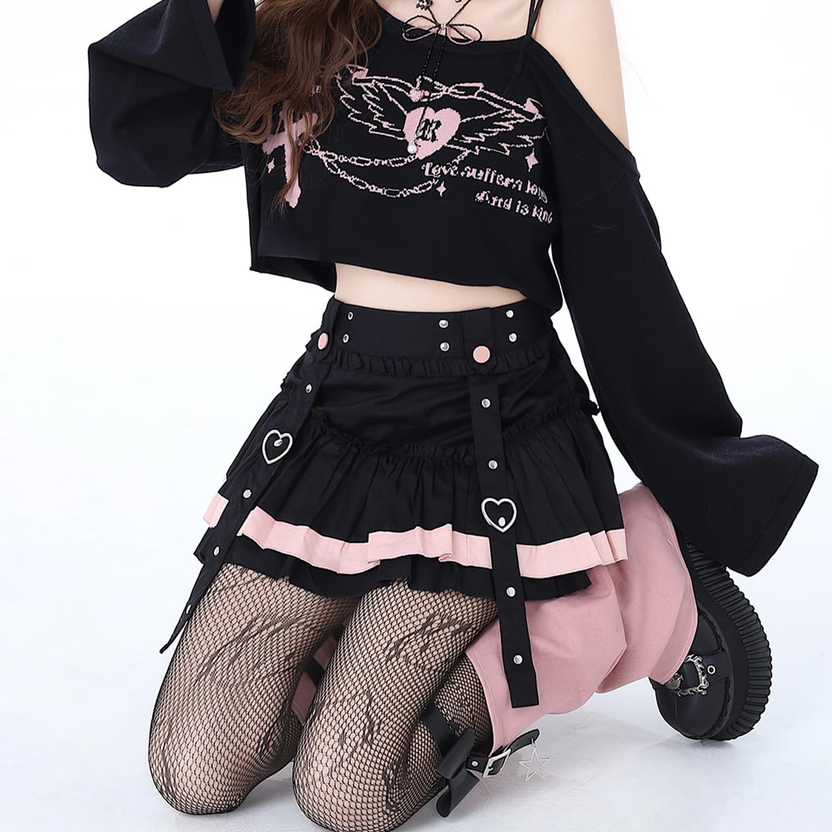 kakarin choyx Women's Casual Fashion High Waist A-line Mini Skirt Y2K Cute Suspenders Decoration Splicing Pleated Skirt