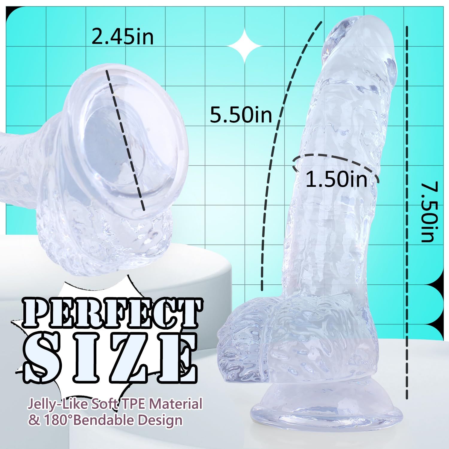 7 Inch Soft  Dildo, Realistic Silicone Medium Anal Dildos Stimulation Vaginal G-Spot and Anal, Safe Material Lifelike Men Penis with Strong Suction Cup, Adult Sex Toys for Women/Beginner Sexual: Clear