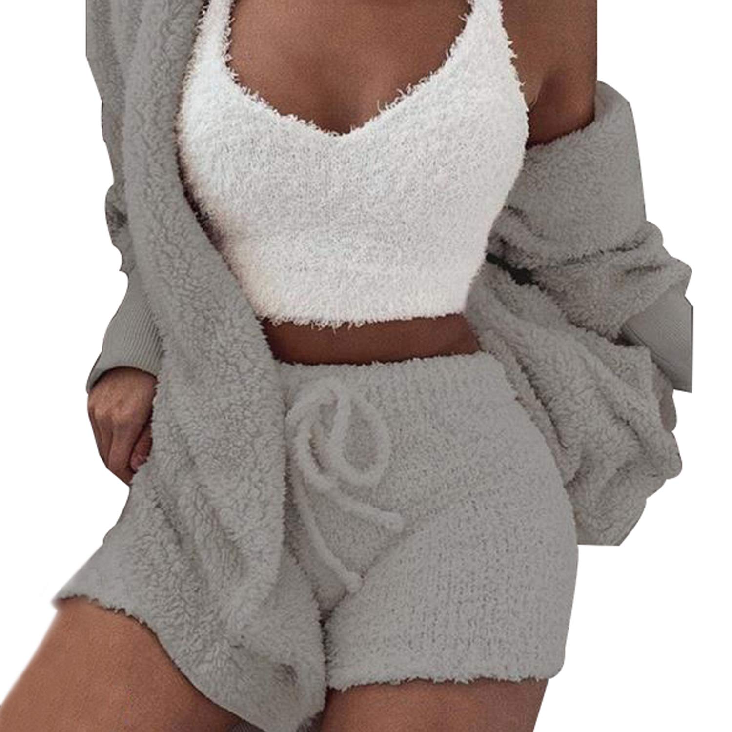 VNVNE Womens Sexy Fuzzy Warm Sherpa Fleece 3 Piece Outfit Fleece Coat Jacket Outwear and Spaghetti Strap Crop Top Shorts Set: Large Grey