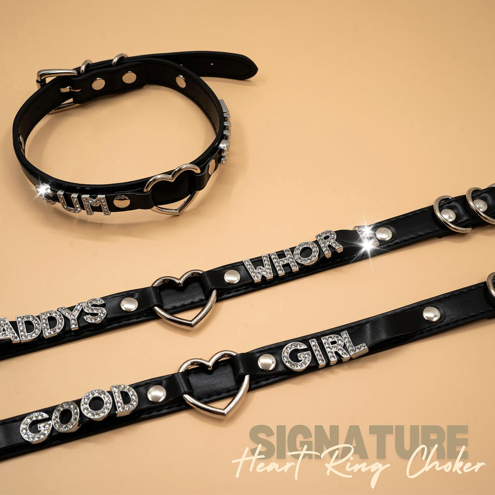 ADEMISHIA Black Heart O-ring Letter Choker Necklace For Women, Punk Handmade PU Leather Leash Collar Adjustable Gothic Jewerly