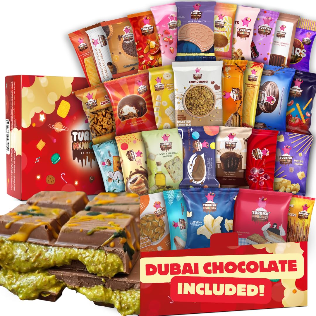 Mega International Snack Box | Premium Exotic Foreign Snacks | Unique Snack Food Gifts Included | Try Extraordinary Turkish Snacks | Candies from Around the World | 32 Full-Size Snacks: Ultra Mega Dubai Green
