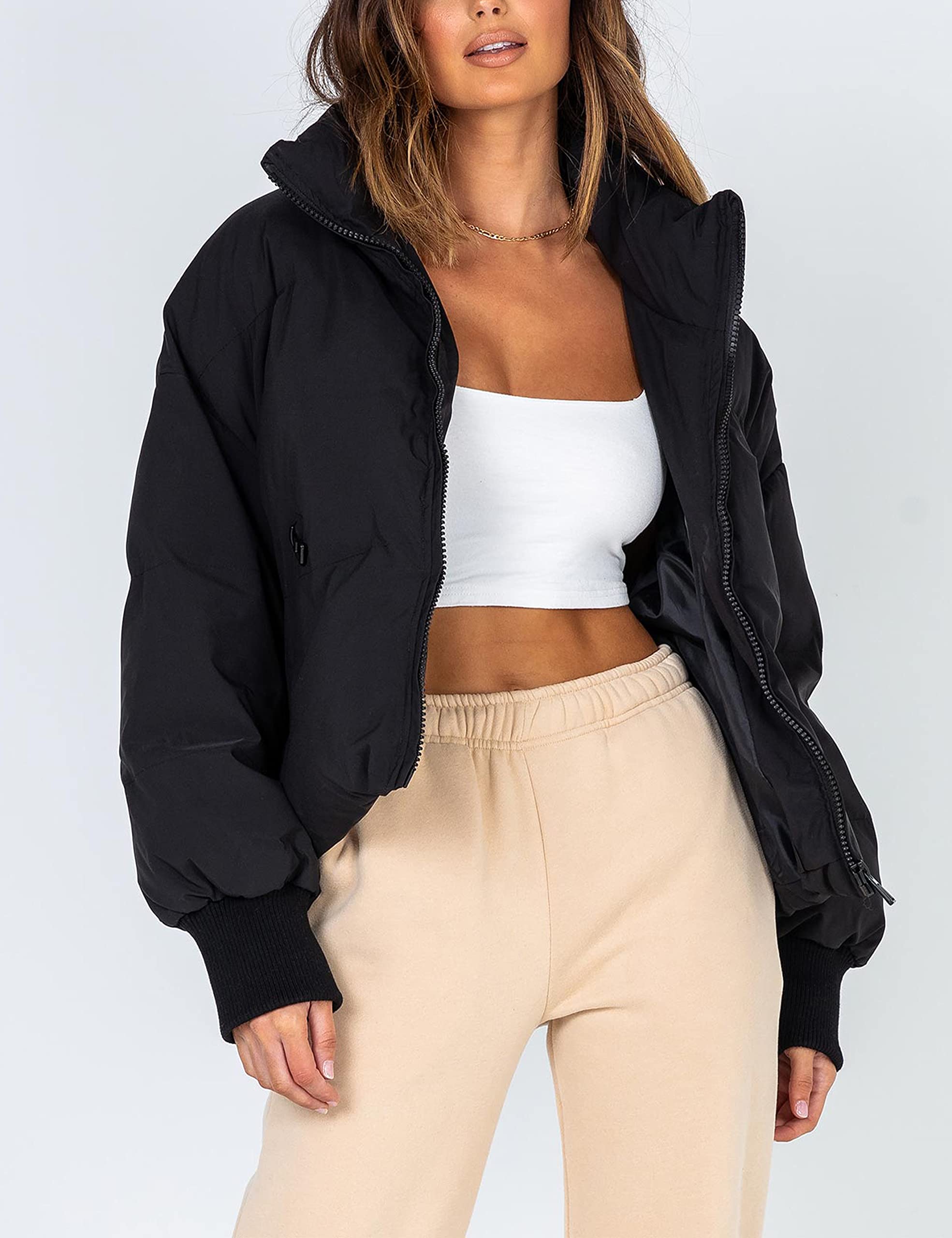 Lianlive Womens Cropped Puffer Jacket Oversized Black Short Puffy Winter Coat thumbnail 3
