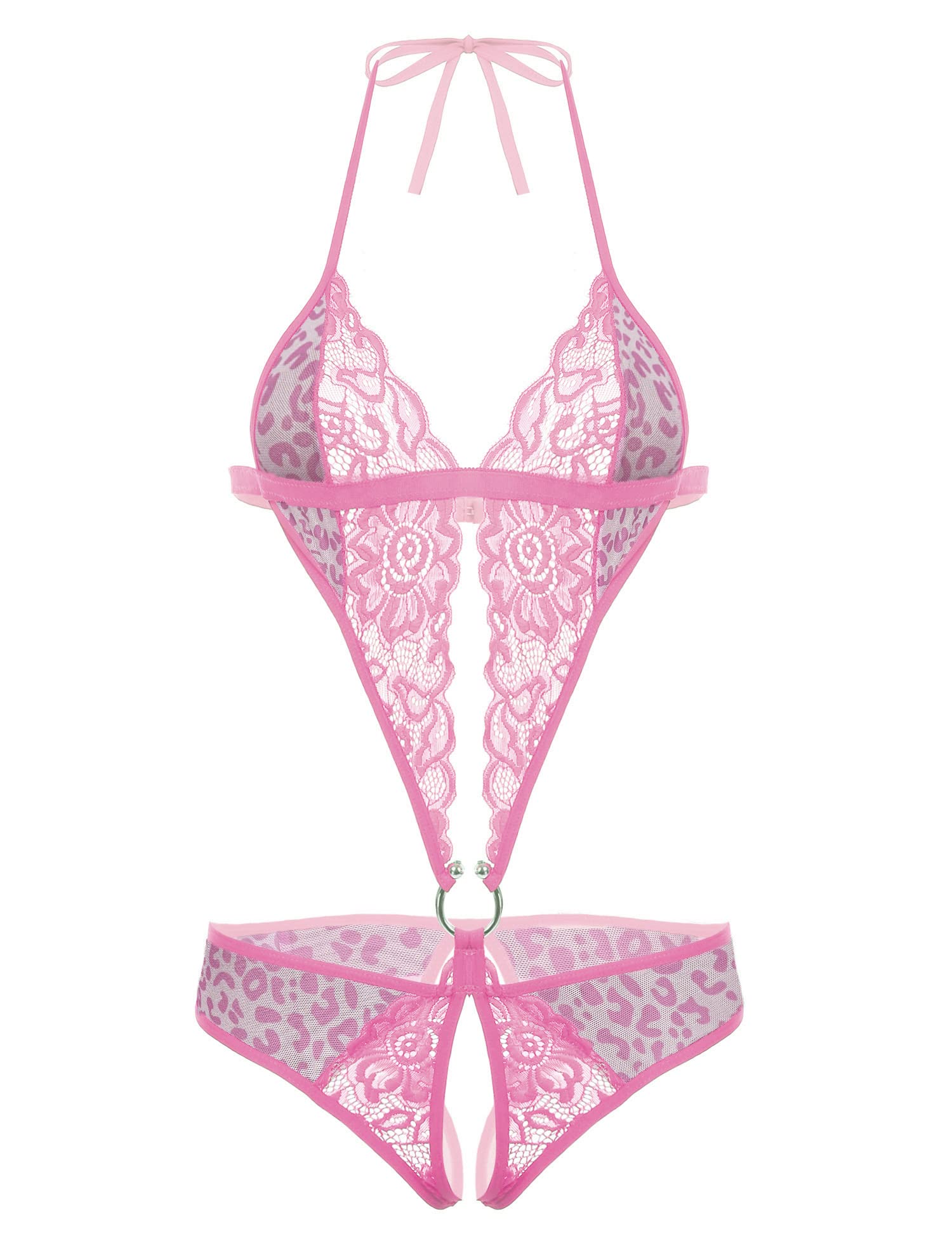 Avidlove Women Deep V Lingerie Lace Teddy One Piece Babydoll Mini Bodysuit: Small Pink Leopard Print