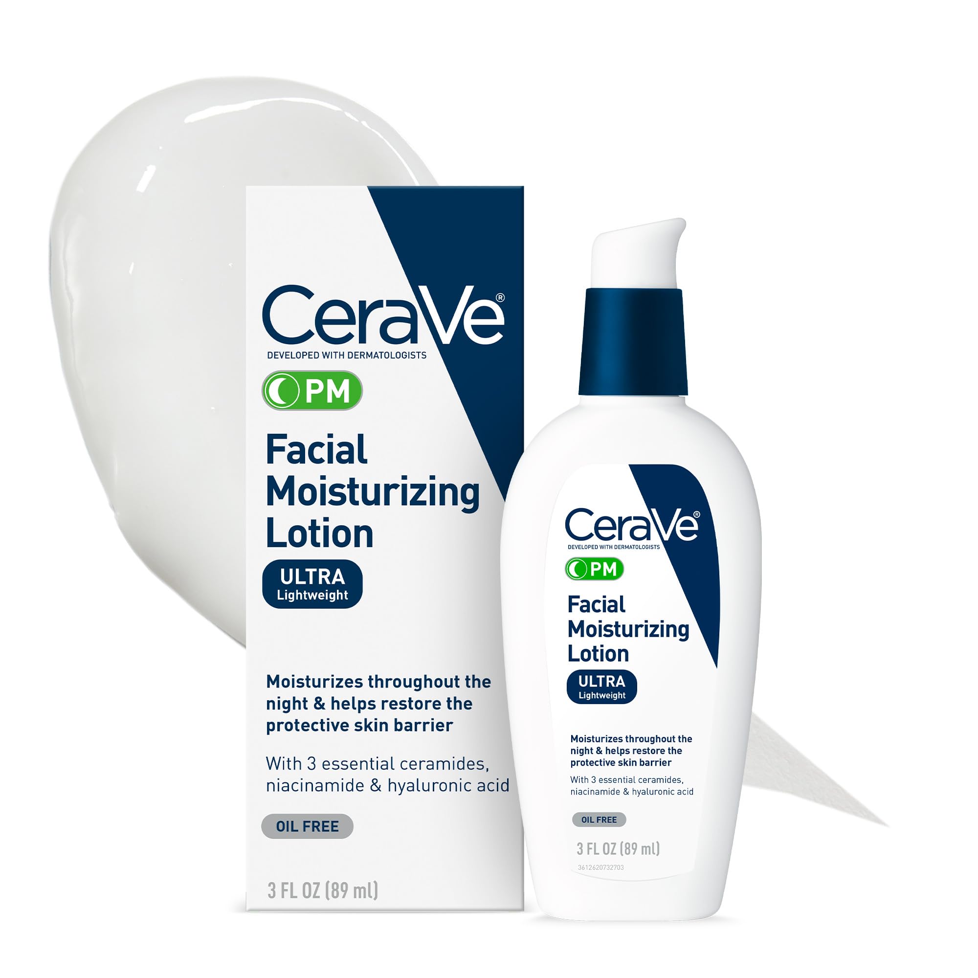 CeraVe PM Facial Moisturizing Lotion, Night Cream with Hyaluronic Acid and Niacinamide, Ultra-Lightweight, Oil-Free Moisturizer for Face, 3 Ounce: 3 Fl Oz (Pack of 1)