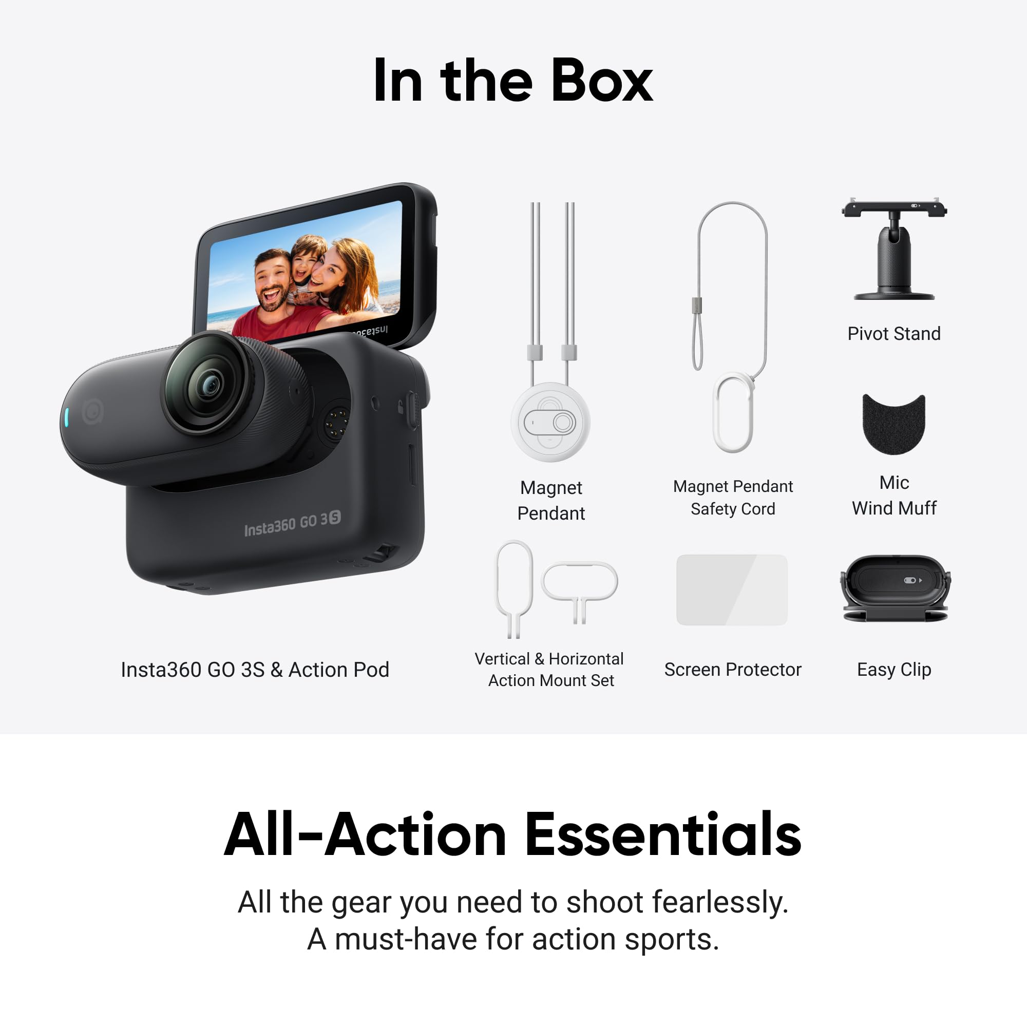 Insta360 GO 3S - 128 GB Black 4K Tiny Portable Vlogging Camera, Hands-Free POVs, Mount Anywhere, Stabilization, 140 Min Battery Life, 10m Waterproof, Pet POV: Black Action Bundle