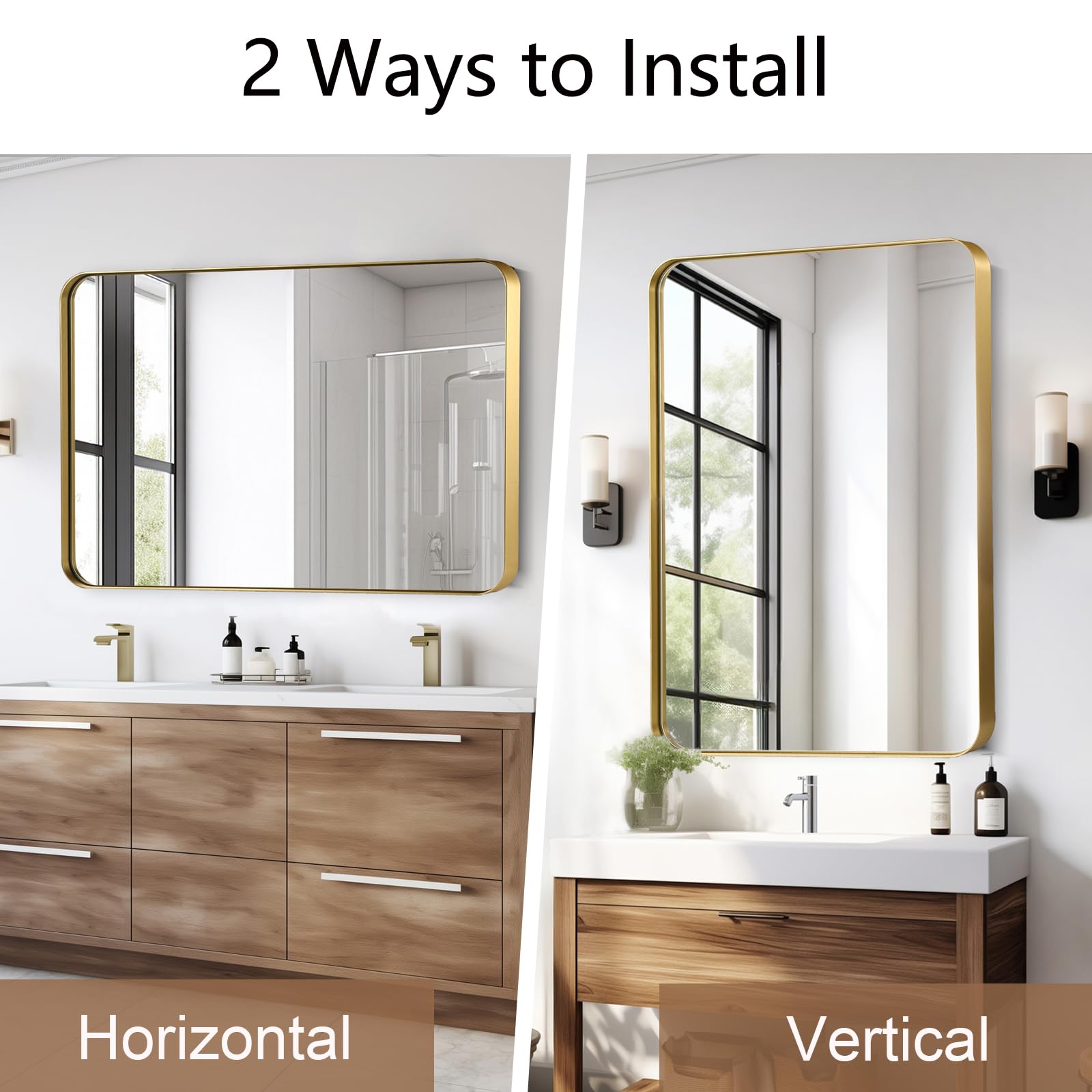 JENBELY 40x30 Inch Gold Bathroom Mirror, Brushed Metal Framed Rectangle Mirror with Rounded Corner, Gold Bathroom Vanity Mirror for Bedroom or Living Room, Horizontal/Vertical: 40"L x 30"W Gold