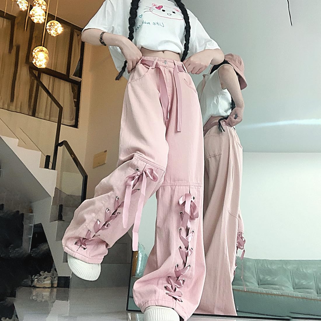 RILGOU Harajuku Y2K Kawaii Gothic Vintage Casual Style High Waisted Straight Wide Leg Ribbons Trim Pink Denim Pants