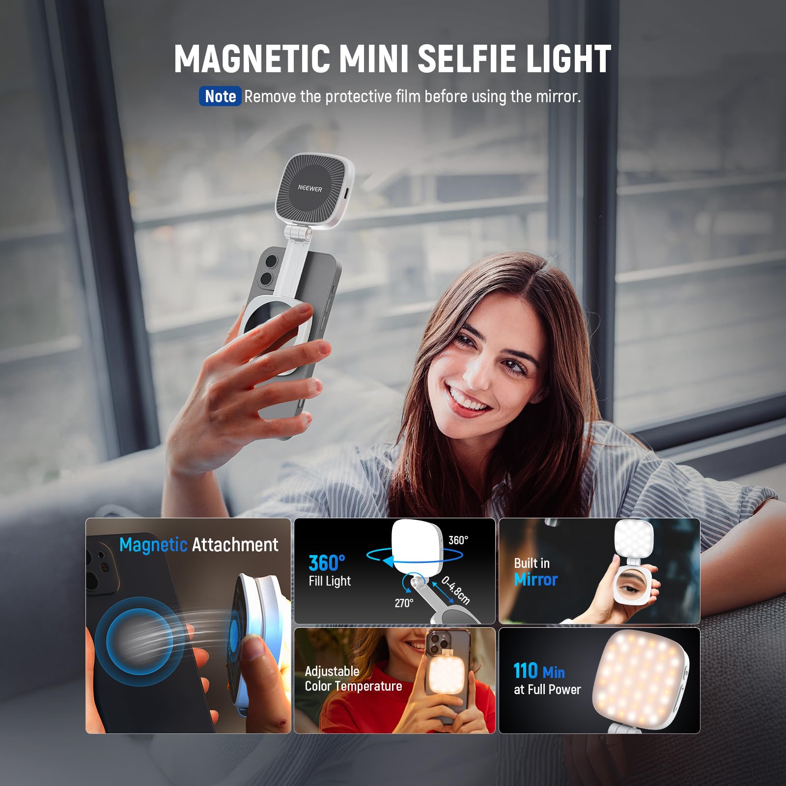 NEEWER BASICS Magnetic Selfie Light Compatible with MagSafe iPhone, CRI95 700lx/0.3m Folding LED Phone Fill Ring Lighting with Mirror for Zoom Makeup Photography Recording Video Conference, NL48B: White
