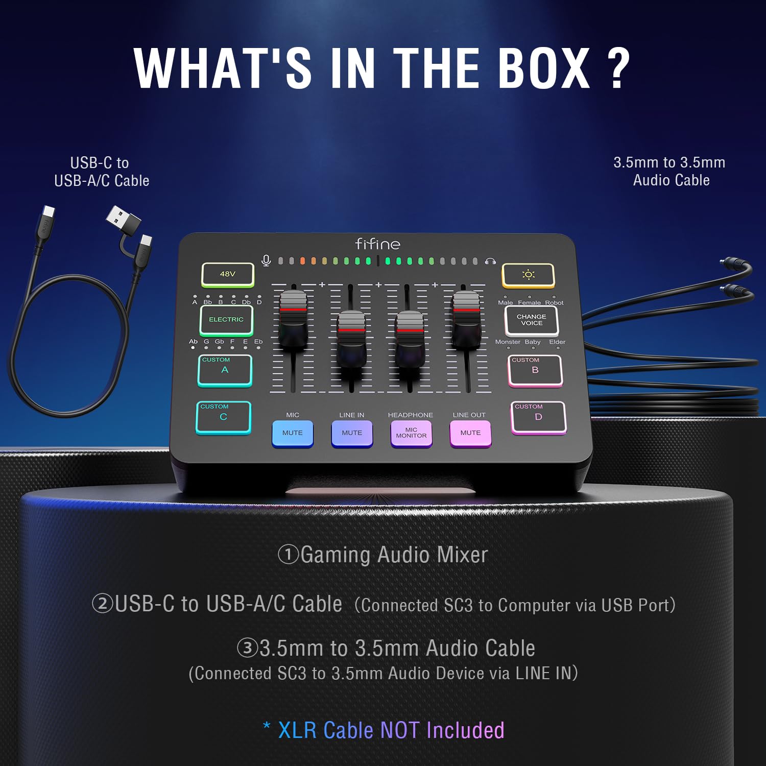 FIFINE Gaming Audio Mixer, Streaming RGB PC Mixer with XLR Microphone Interface, Individual Control, Volume Fader, Mute Button, 48V Phantom Power, for Podcast/Recording/Vocal/Game Voice-AmpliGame SC3 thumbnail 9