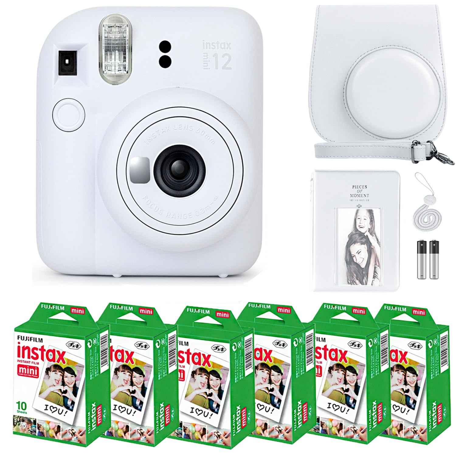 Fujifilm Instax Mini 12 Camera with Fujifilm Instant Mini Film (60 Sheets) Bundle with Deals Number One Accessories Including Carrying Case, Photo Album, Stickers (): Clay White
