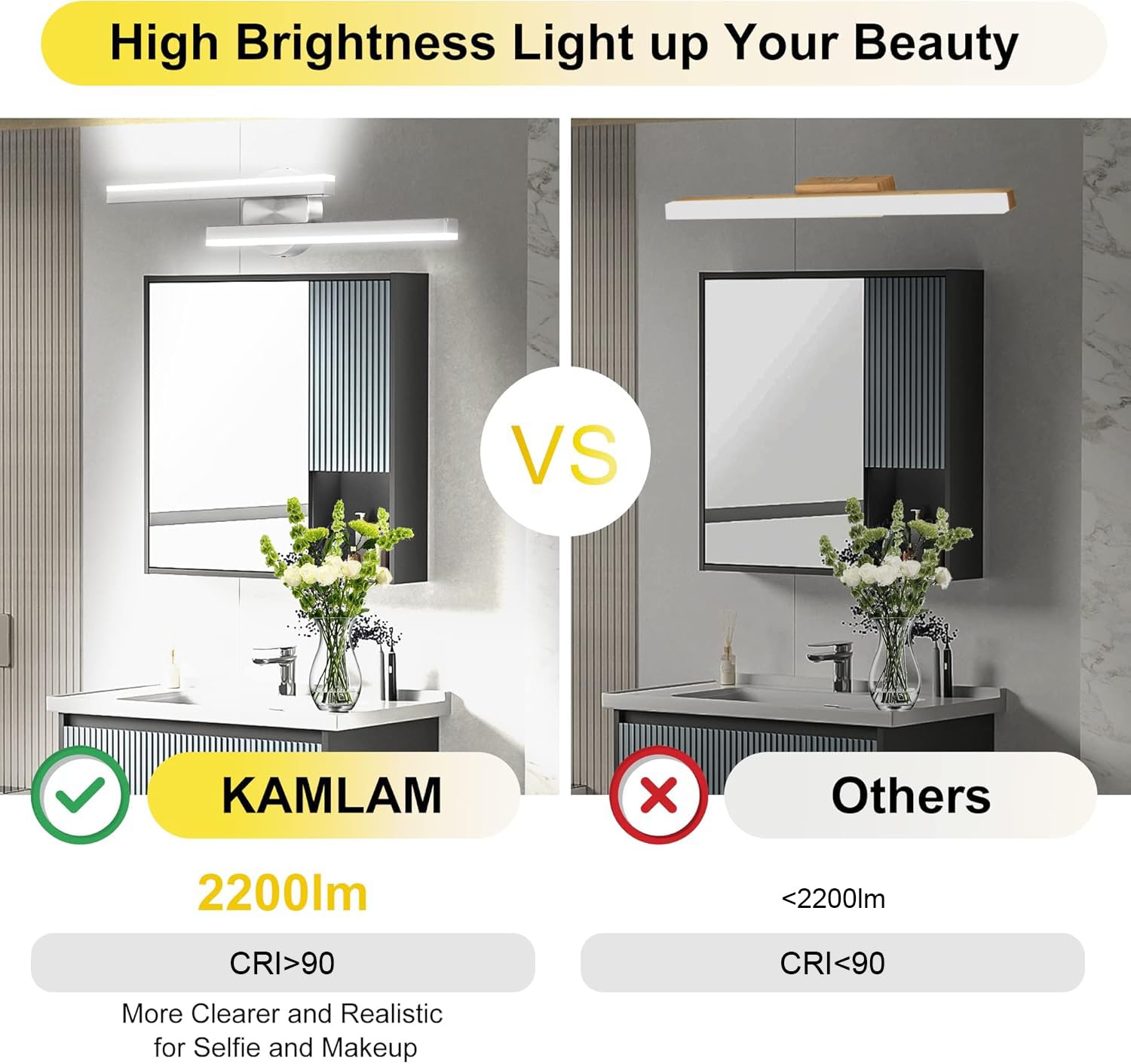 KAMLAM 24" Modern Led Bathroom Vanity Light 2 Light, Dimmable Over Mirror Vanity Lighting Bar Rotatable, 24W Cool White 5000K, Adjustable Nickel Vanity Light Fixture for Bedroom: Silver 24in 2-Light