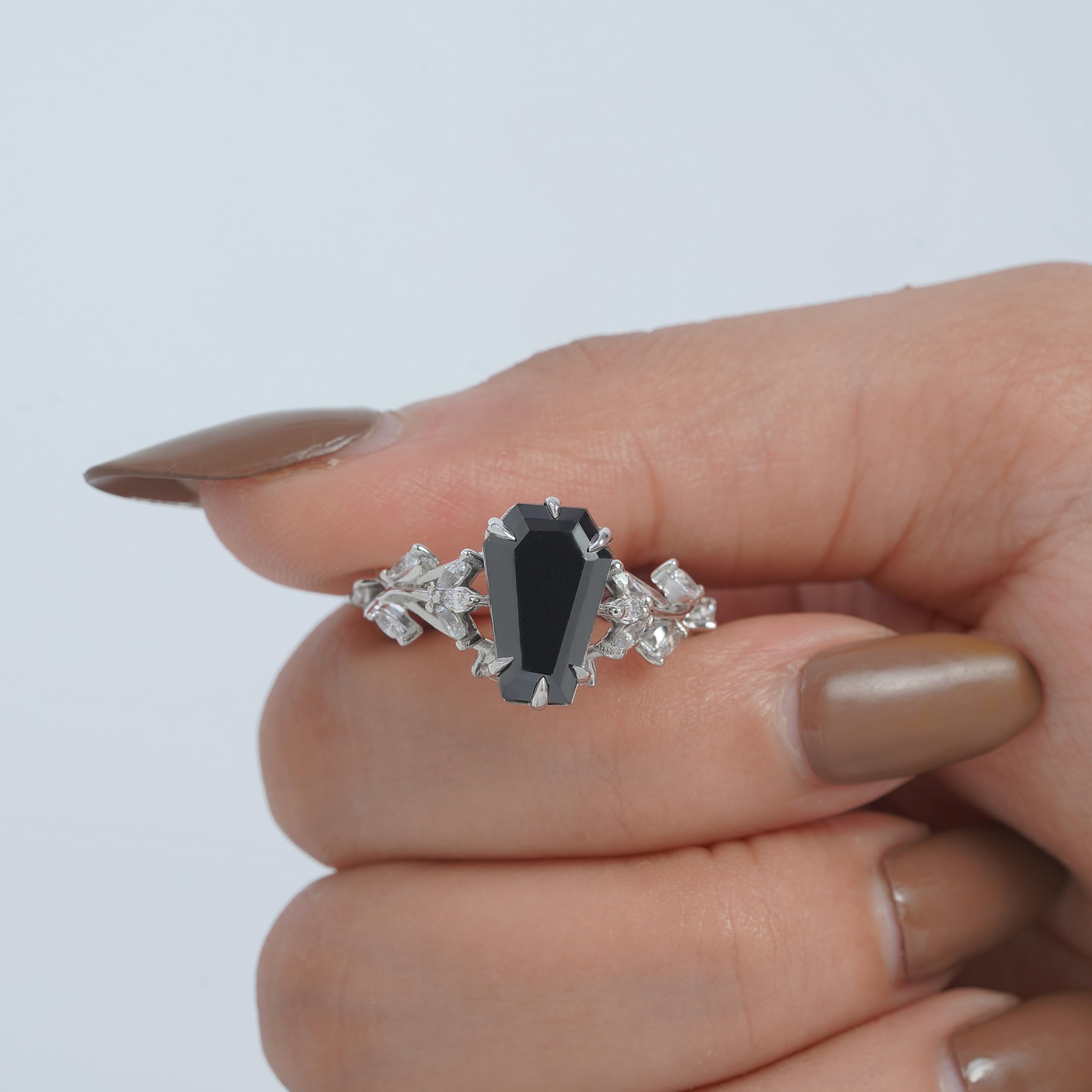Dfine Jewelry Store Coffin Cut Black Moissanite Ring 925 Sterling Silver Dark Macabre Gothic Engagement Wedding Statement Womens Ring Goth Jewelry Size 4 to 10: 6.5