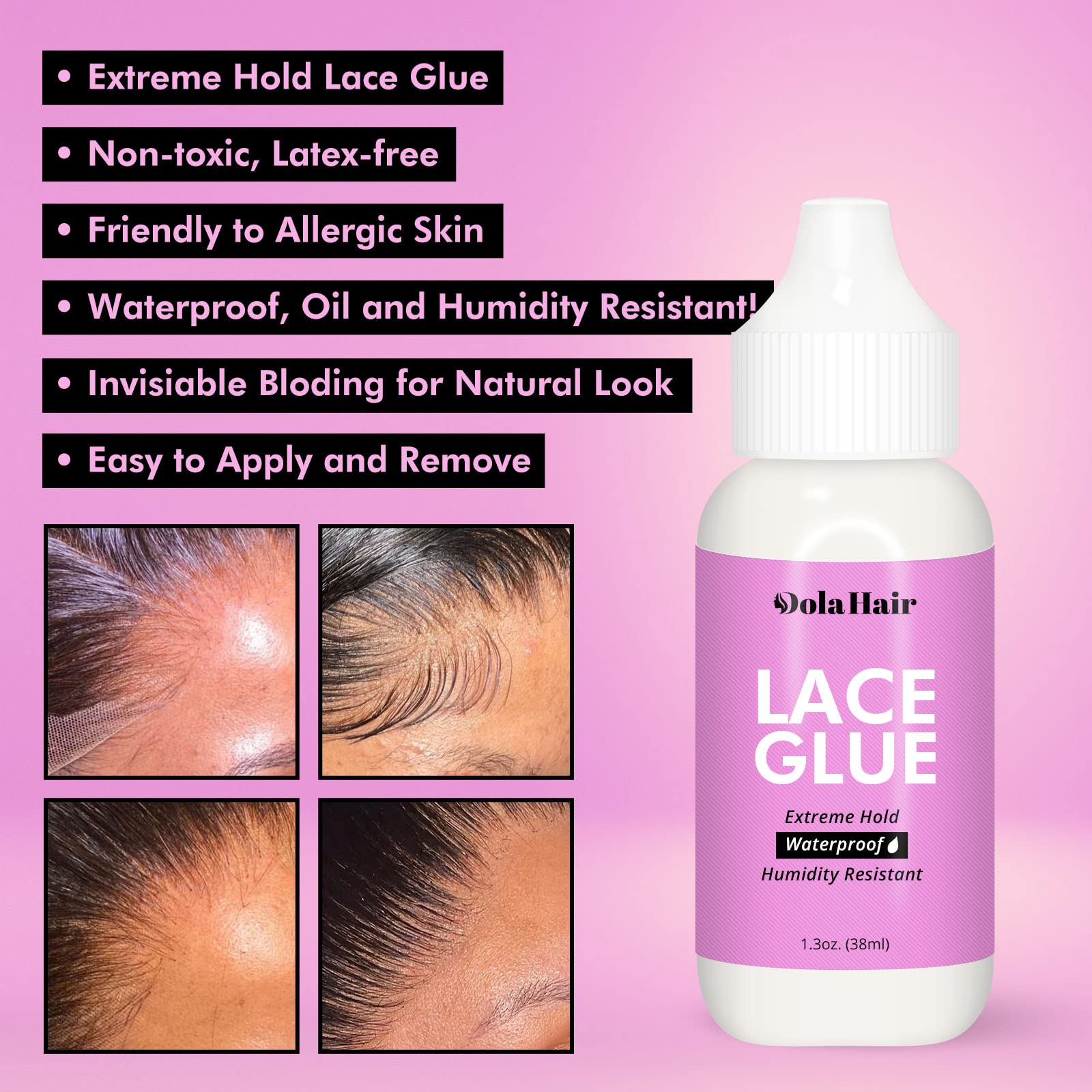 Dolahair Lace Glue, 1.3 Ounce, Waterproof, Extreme Hold, Invisible Bonding for Wigs & Hair Systems, Includes 2 Elastic Bands