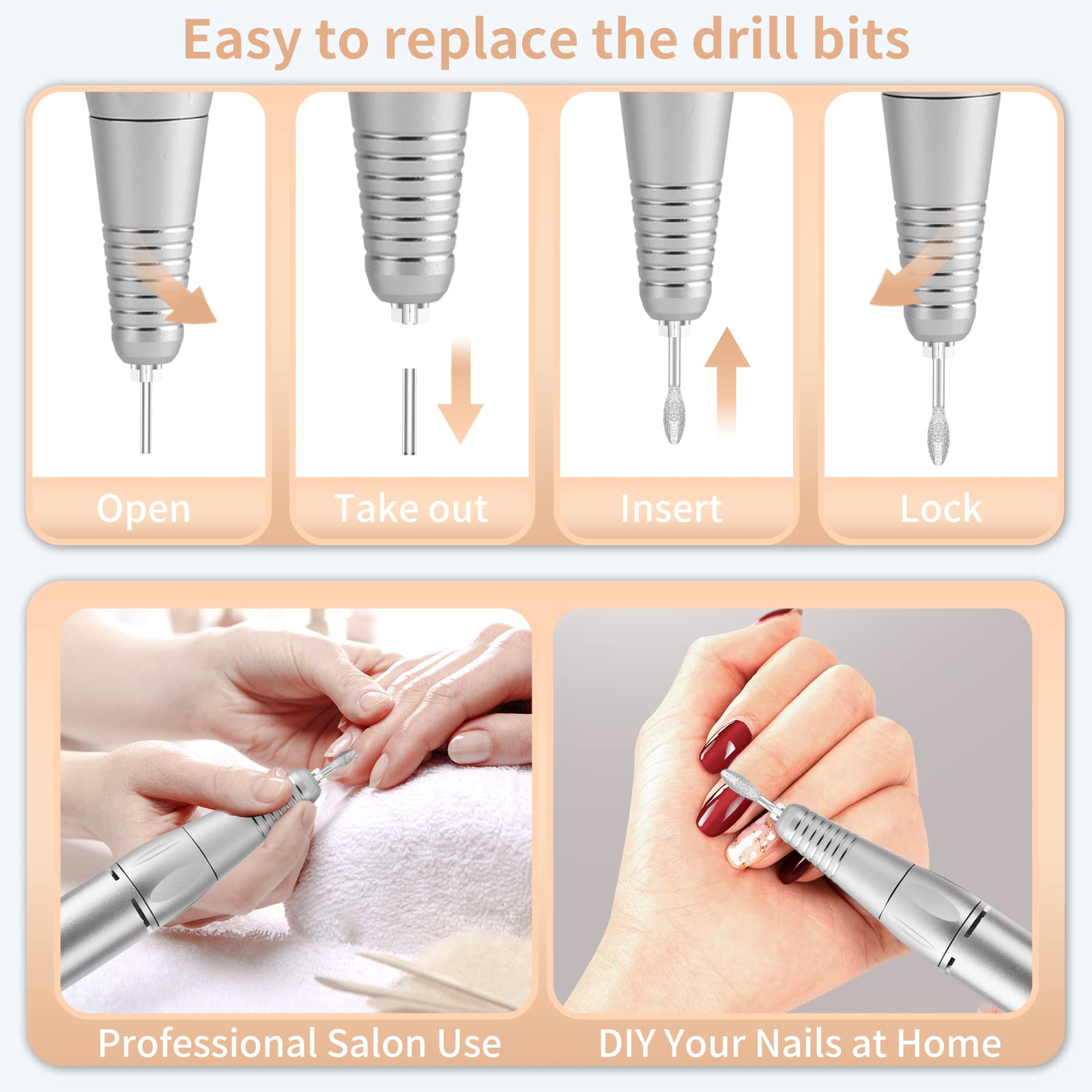 Portable Nail Drill Professional 35000 RPM, MOCOWIND Rechargeable Electric Nail File Machine E File for Acrylic Gel Polishing Removing, Cordless E-File with Bits Kit for Manicure Salon Home,: Black