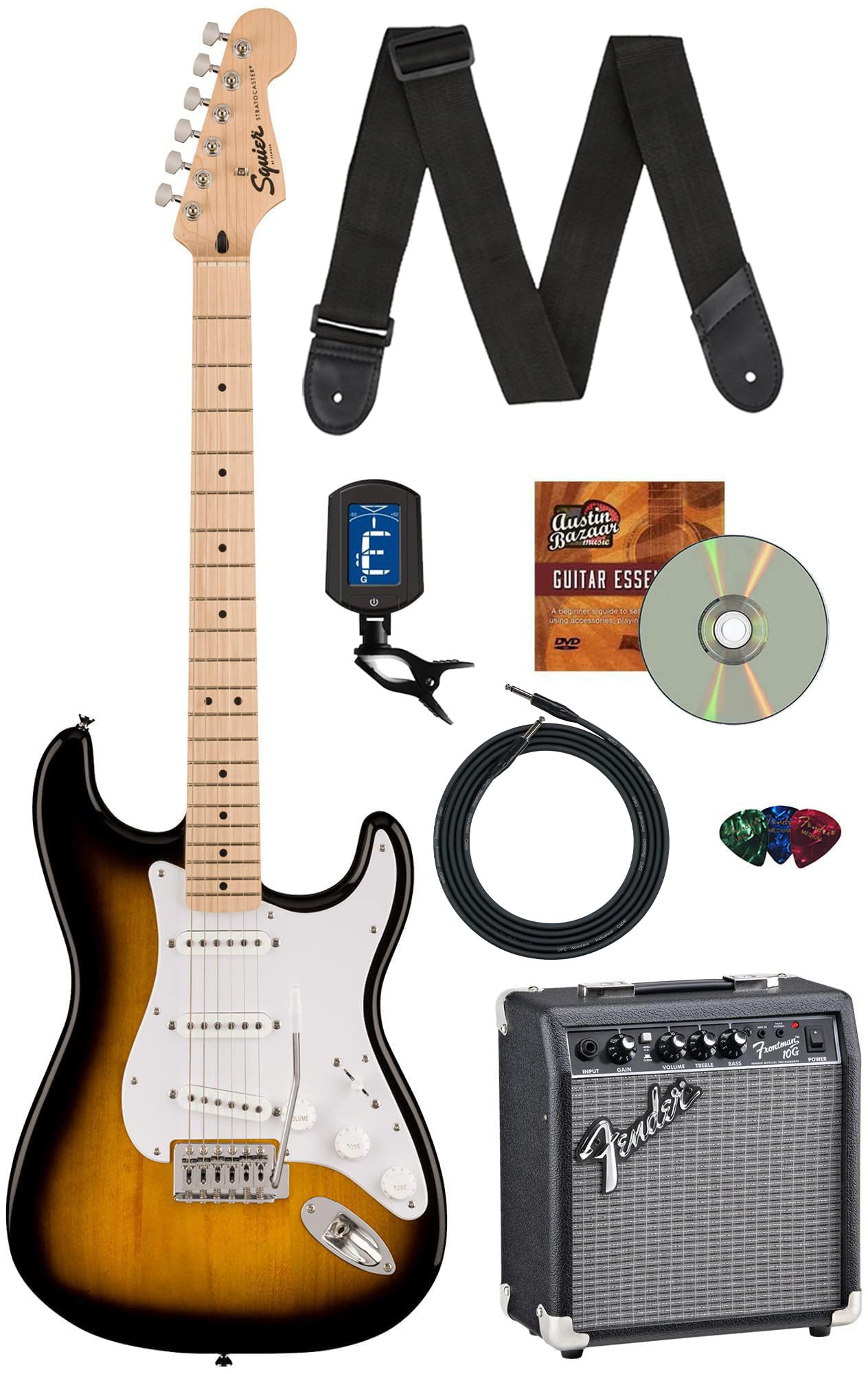 Fender Squier Sonic Stratocaster - 2-Color Sunburst Bundle with Amp, Cable, Tuner, Strap, Picks, and Austin Bazaar Guitar DVD