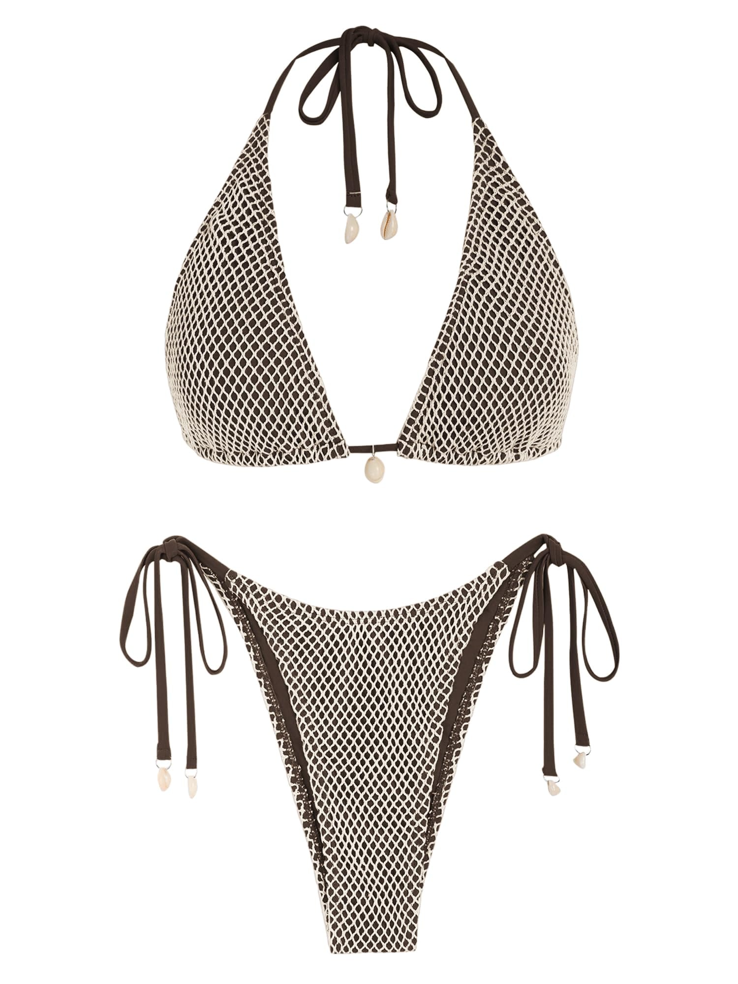 ZAFUL Women's Triangle Bikini Multiway Fishnet Tie Side Bandeau Halter String Bikini Set Two Piece Swimsuit Bathing Suits - Image 1