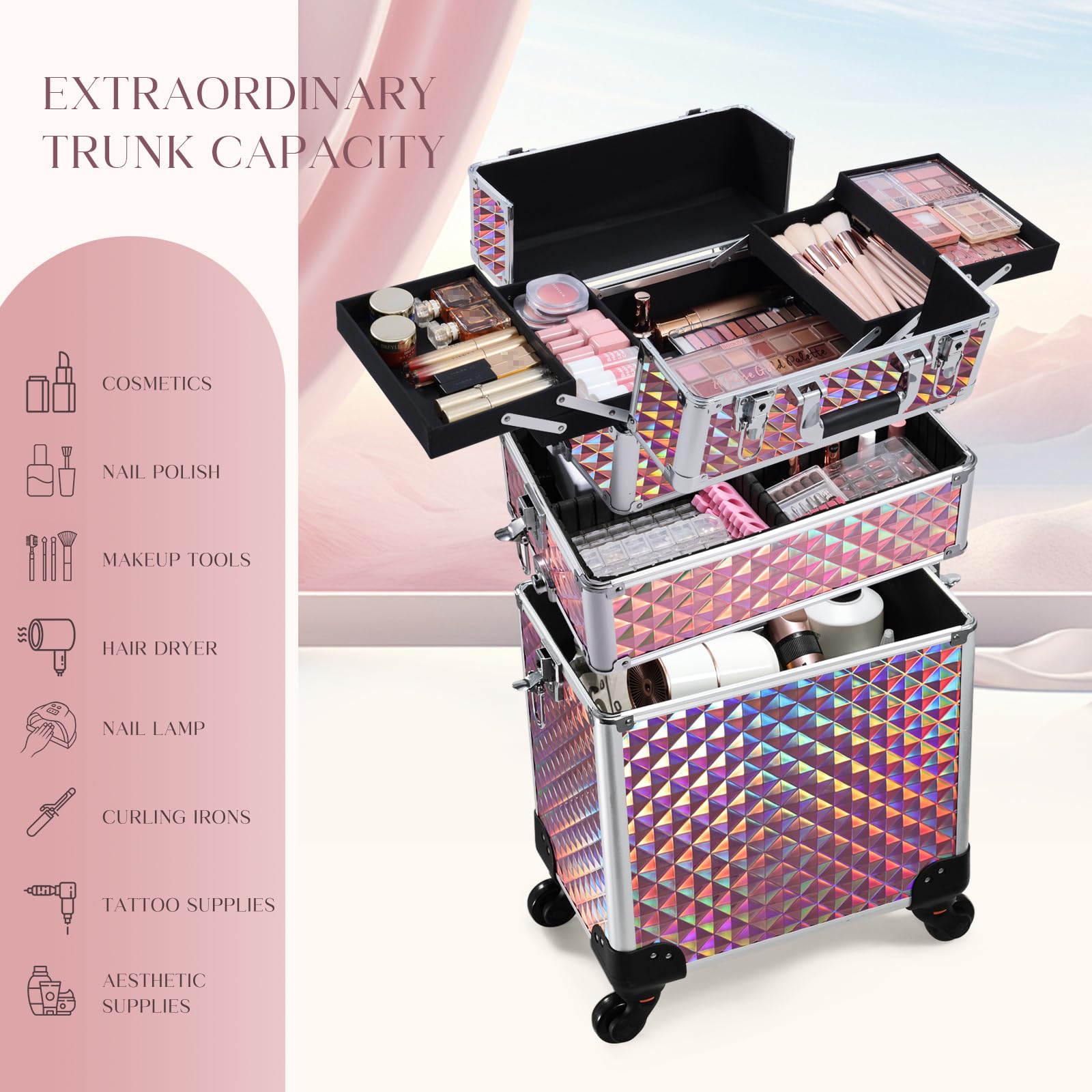 FRENESSA 3 in 1 Rolling Makeup Train Case Portable Cosmetic Trolley Large Storage for Professional with 360° Swivel Wheels Salon Barber Case Traveling Cart Trunk - Glitter Pink