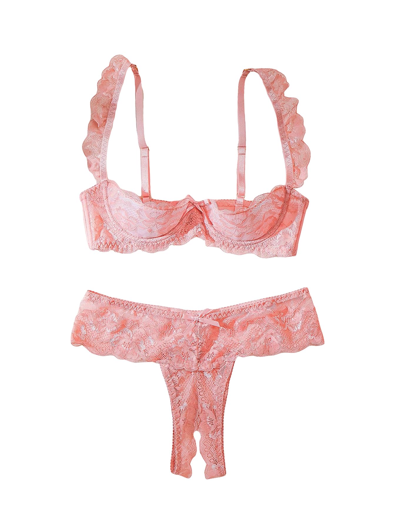 SweatyRocks Women's Lingerie Set Floral Lace Ruffle Shoulder Bra and Panty Underwear Sets thumbnail 1