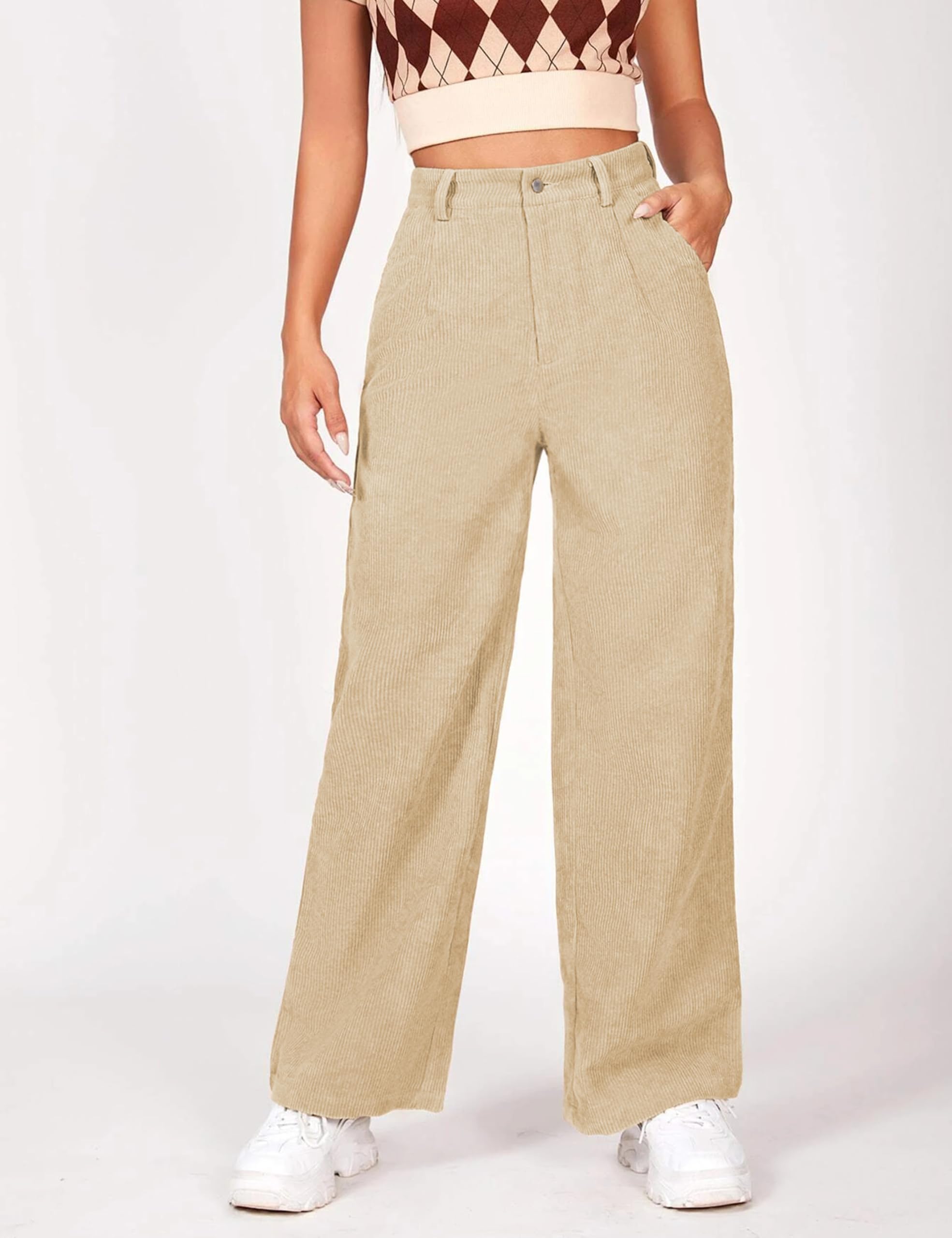 Himosyber Corduroy Pants for Women Casual Elastic High Waist Stretchy Wide Leg Pants Loose Fit Comfy Trousers with Pockets thumbnail 2