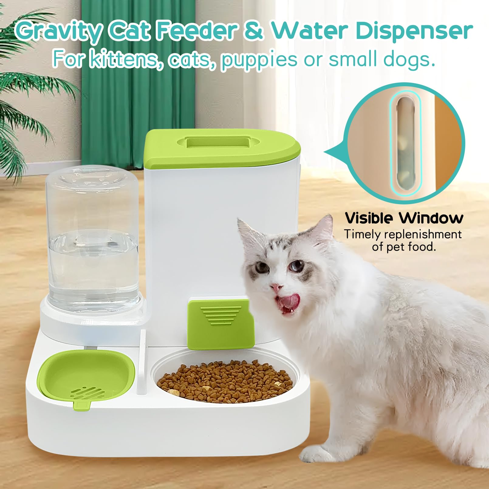 Fhiny Gravity Cat Feeder and Water Dispenser, 2 in 1 Automatic Pet Waterer Detachable Stainless Steel Food Bowls Set Pet Food Storage for Small Dog Puppy Cat Kitten Pet Easy Clean (Grey): Style A Green-Metal Bowl