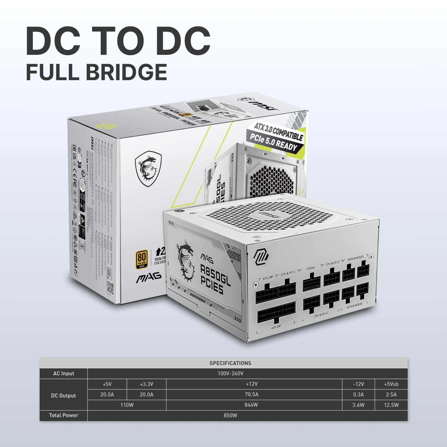 MSI MAG A750GL PCIE 5.1 & ATX 3.1 Gaming Power Supply - Full Modular - 80 Plus Gold Certified 750W - Compact Size - ATX PSU - 10 Year Warranty: MAG A850GL PCIE5 WHITE