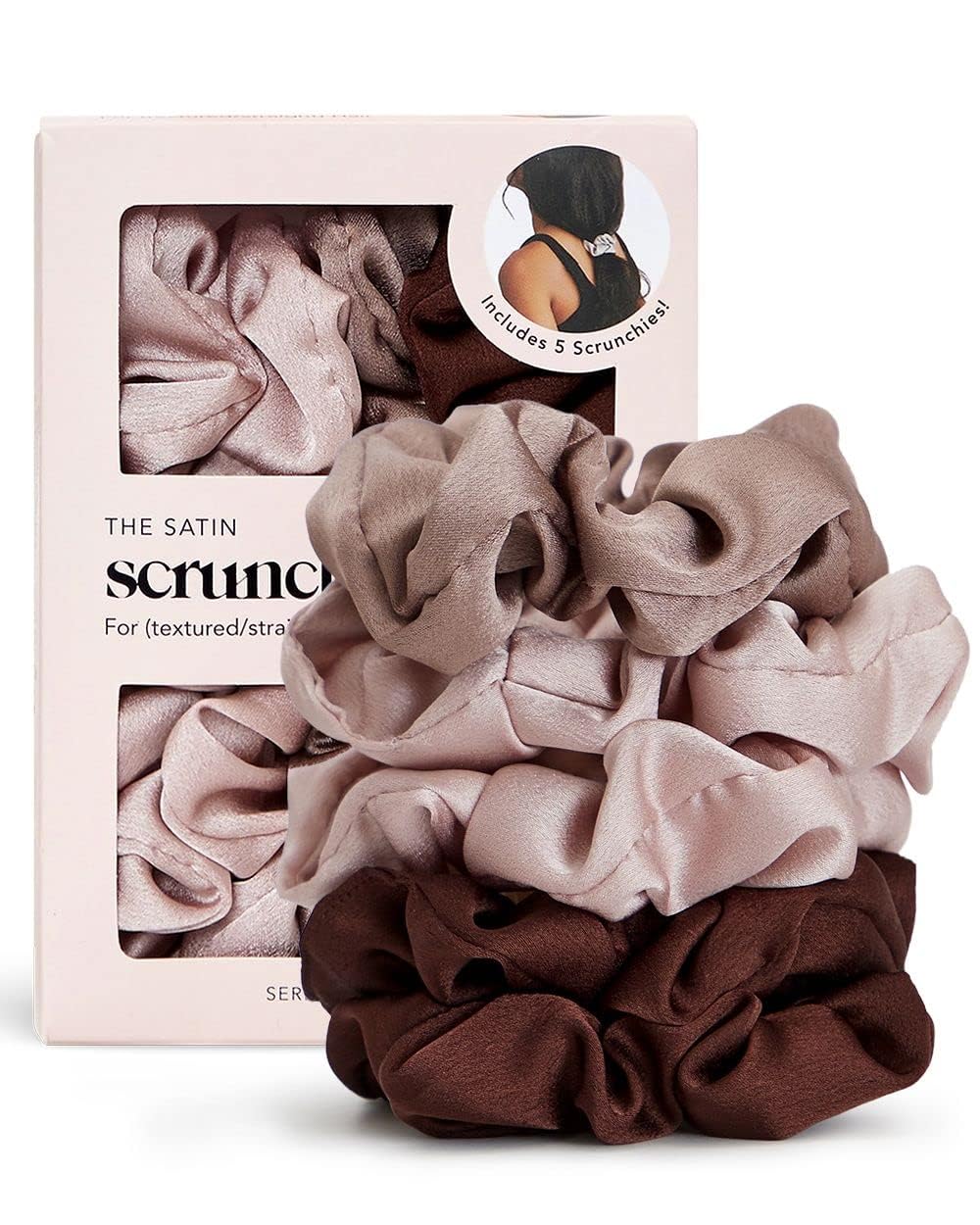 Kitsch Satin Scrunchies for Women - No Crease Hair Ties for Girls | Scrunchies For All Hair Types and Textures, Perfect for Day or Night - 5 Pcs, Cameo