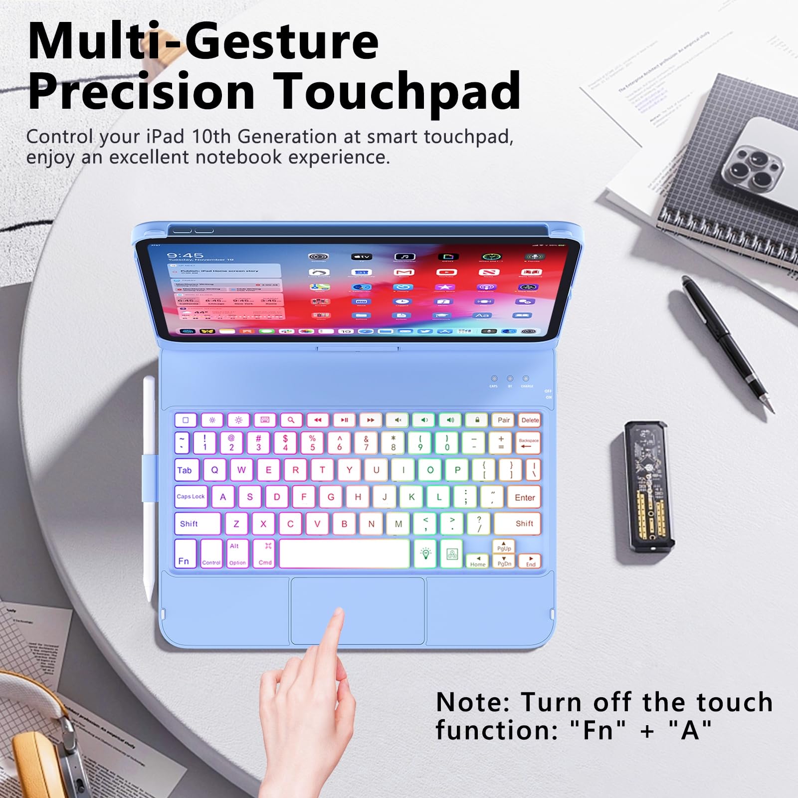 FUWANG Touch Keyboard Case for iPad (A16) 11th Generation 11 inch 2025&10th Gen 10.9 inch 2022, 360° Rotate for iPad 10th Generation Case with Keyboard, Backlit Keyboard Case with Pencil Holder, Blue