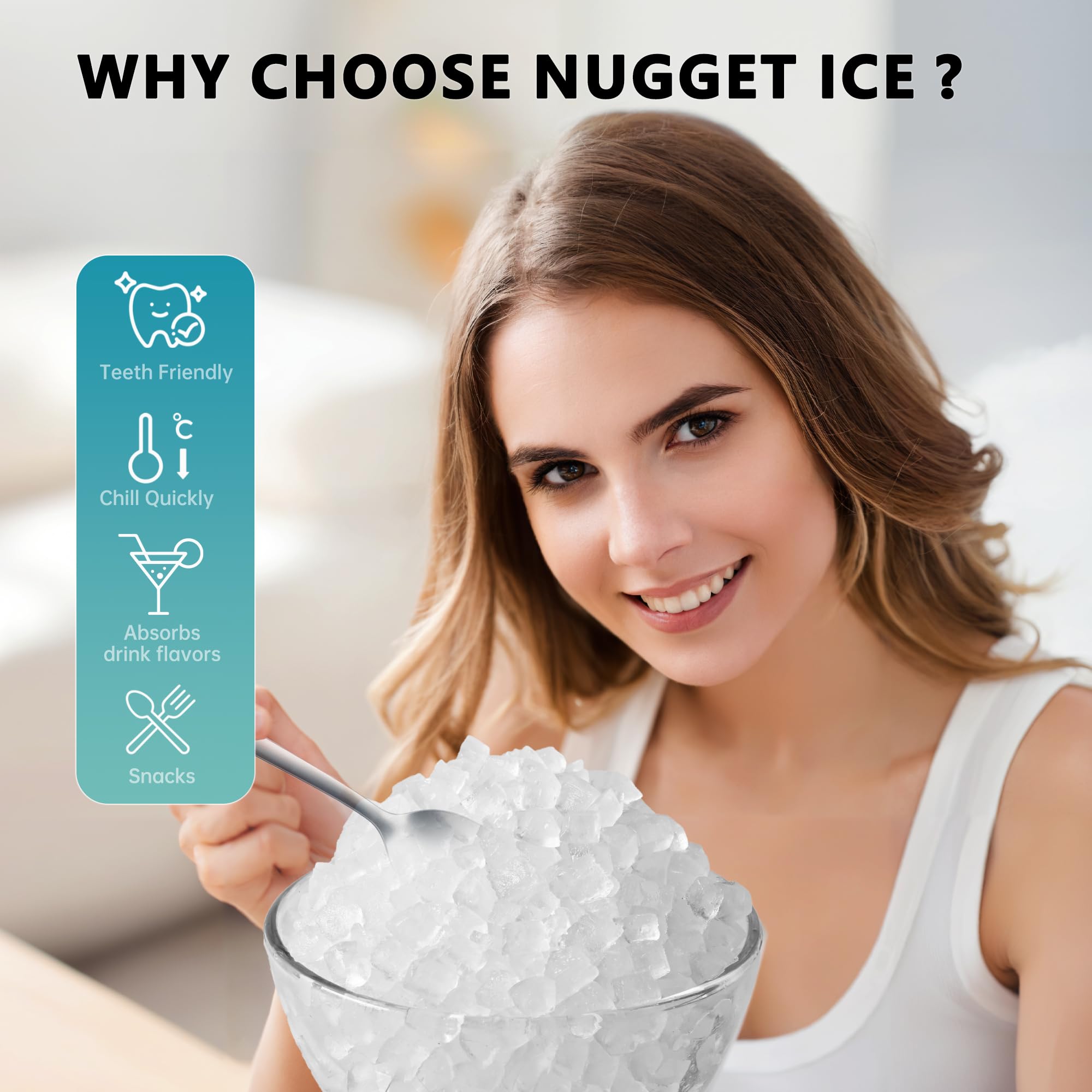 EUHOMY Nugget Ice Maker Countertop with Handle, Ready in 6 Mins, 34lbs Per Day, Removable Top Cover, Auto-Cleaning, Portable Sonic Ice Maker with Basket and Scoop, for Home/Party/RV/Camping (): Steel Light Silver