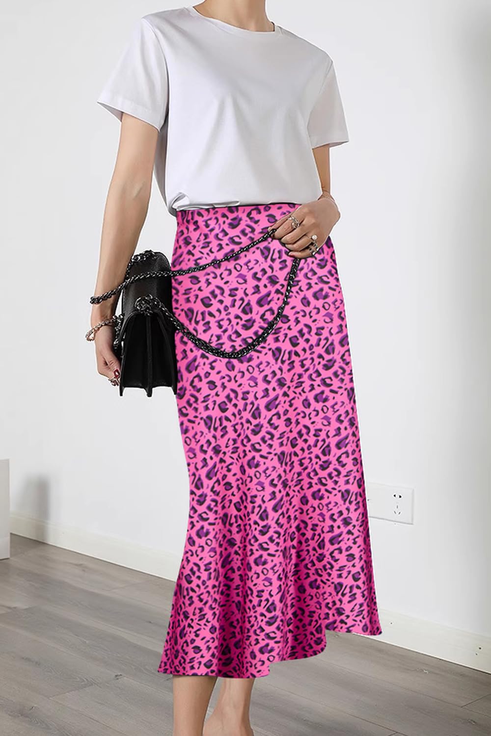 Keasmto Leopard Skirt for Women Midi Length High Waist Silk Satin Elasticized Cheetah Casual Ladies Skirts thumbnail 5