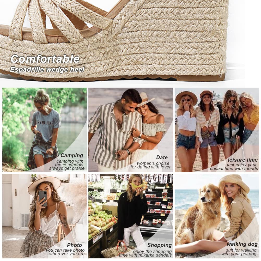 mikarka Wedge Sandals for Women: Open Toe Wedges Heels for Women - Comfortable Braided Summer Espadrilles Wedges Ankle Strap Platform High Heels Vacation Shoes: 7 Beige