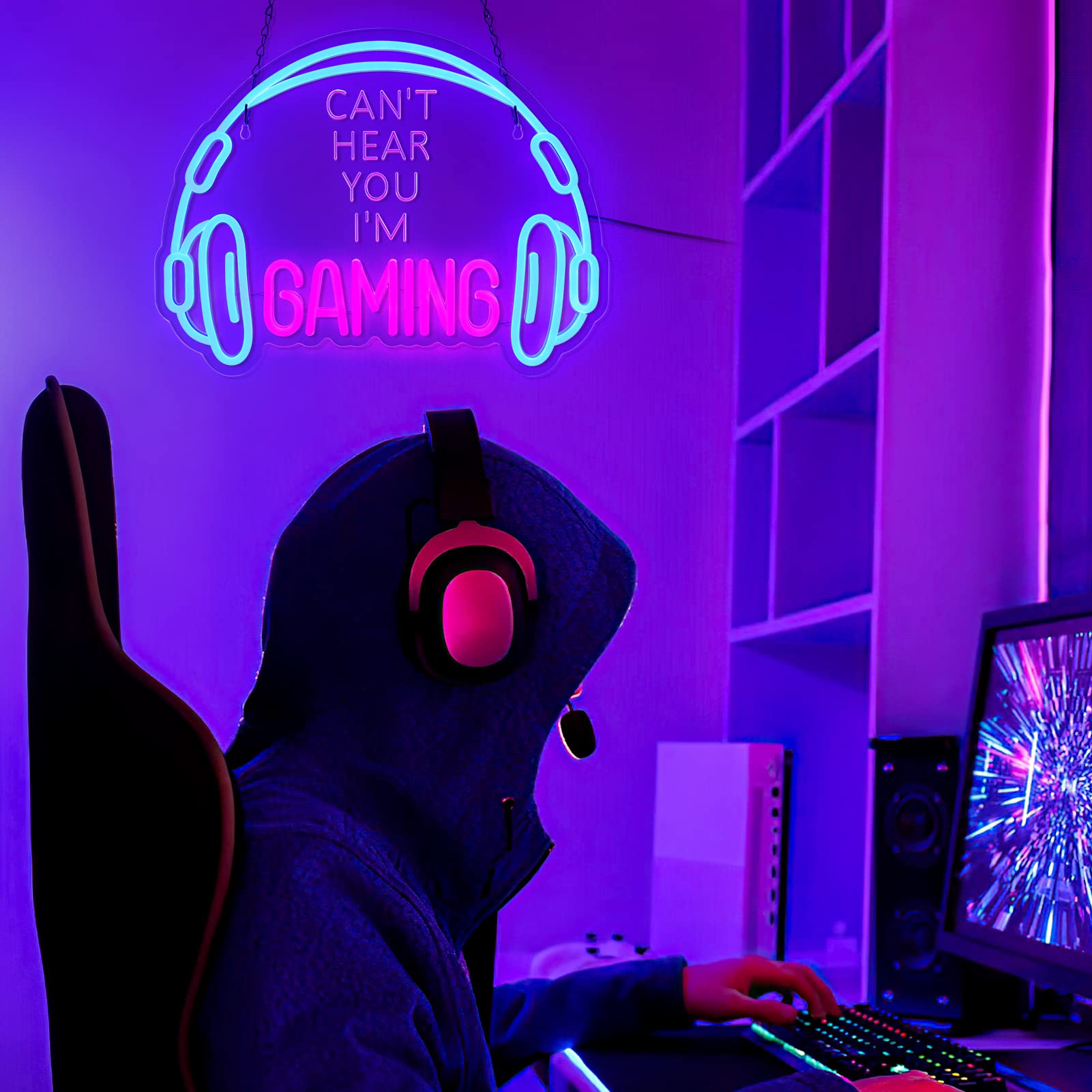 Gaming Neon Sign, Large Bright and Dimmable Colored LED Headset Gamer Neon Light and USB Powered Headphone Lightup Game Signs for Game Zone Video Room Boy Bedroom Wall Decor (): Can't Hear You I'm Gaming