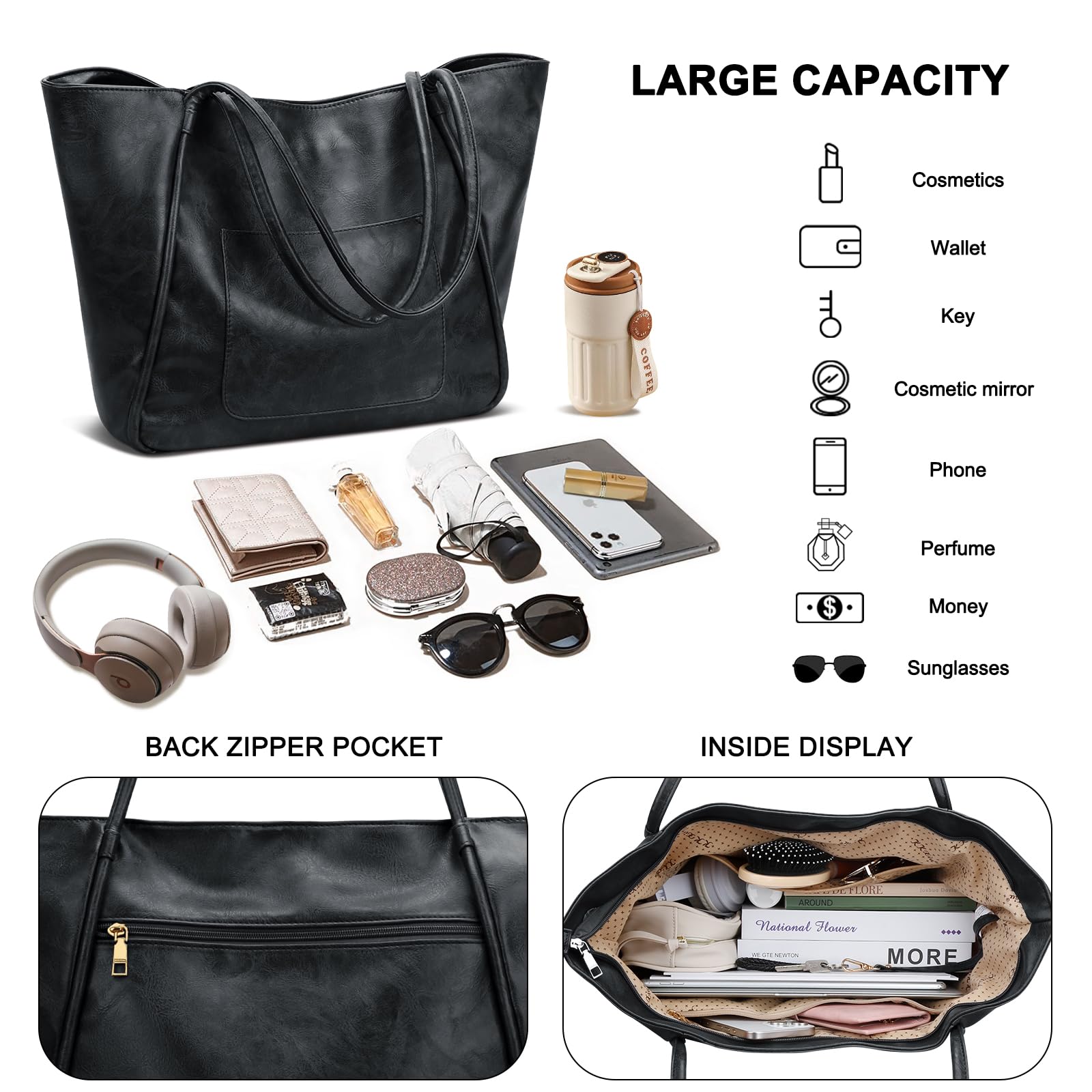 KKXIU Large Tote Bag for Women with Zipper Work Leather Travel Purse and Handbags thumbnail 3