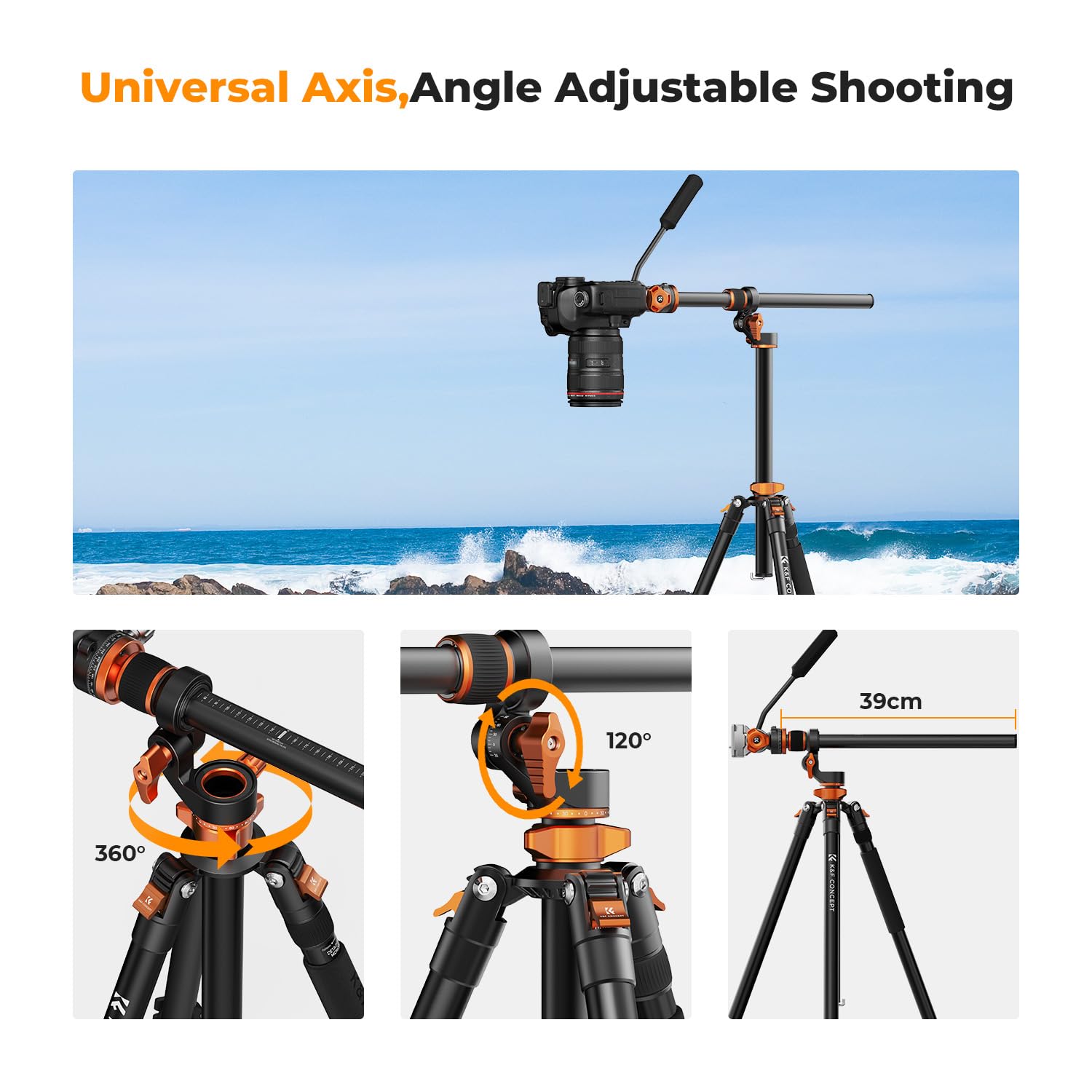 K&F CONCEPT 90''/230cm Ultra High Camera Tripod,Horizontal Overhead Shooting Travel Tripods with Metal Ball Head 10KG Load Capacity,Detachable Monopod, for Indoor and Outdoor Use: T254A7+FH-03