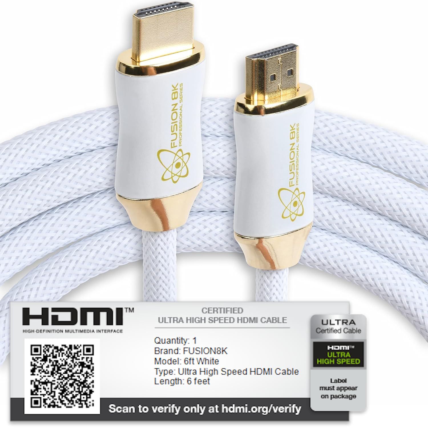 Fusion8K White HDR HDMI 2.1 Certified Cable Supports 10K 8K @60Hz and 4K @120Hz Compatible with Dolby Vision and All TVs, BluRay, Xbox Series X, PS5 (): 6 Feet