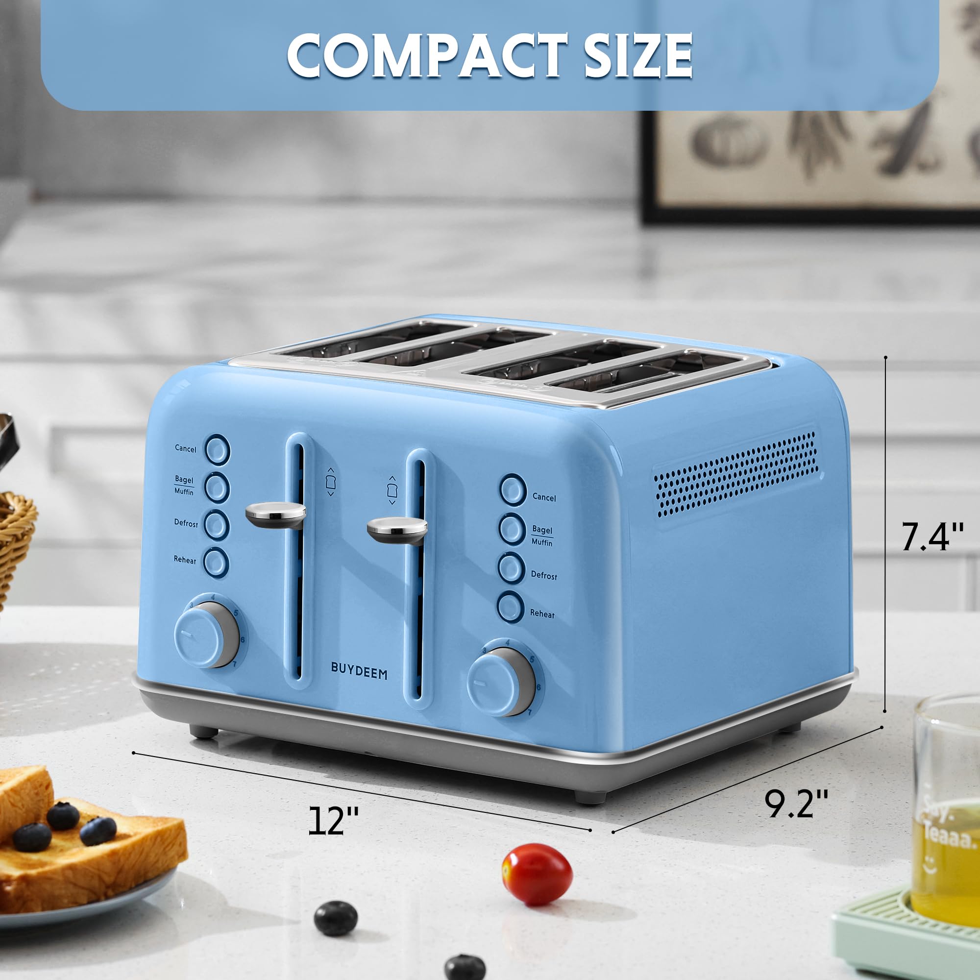 BUYDEEM DT640 4-Slice Toaster, Extra Wide Slots, Retro Stainless Steel with High Lift Lever, Bagel and Muffin Function, Removal Crumb Tray, 7-Shade Settings,