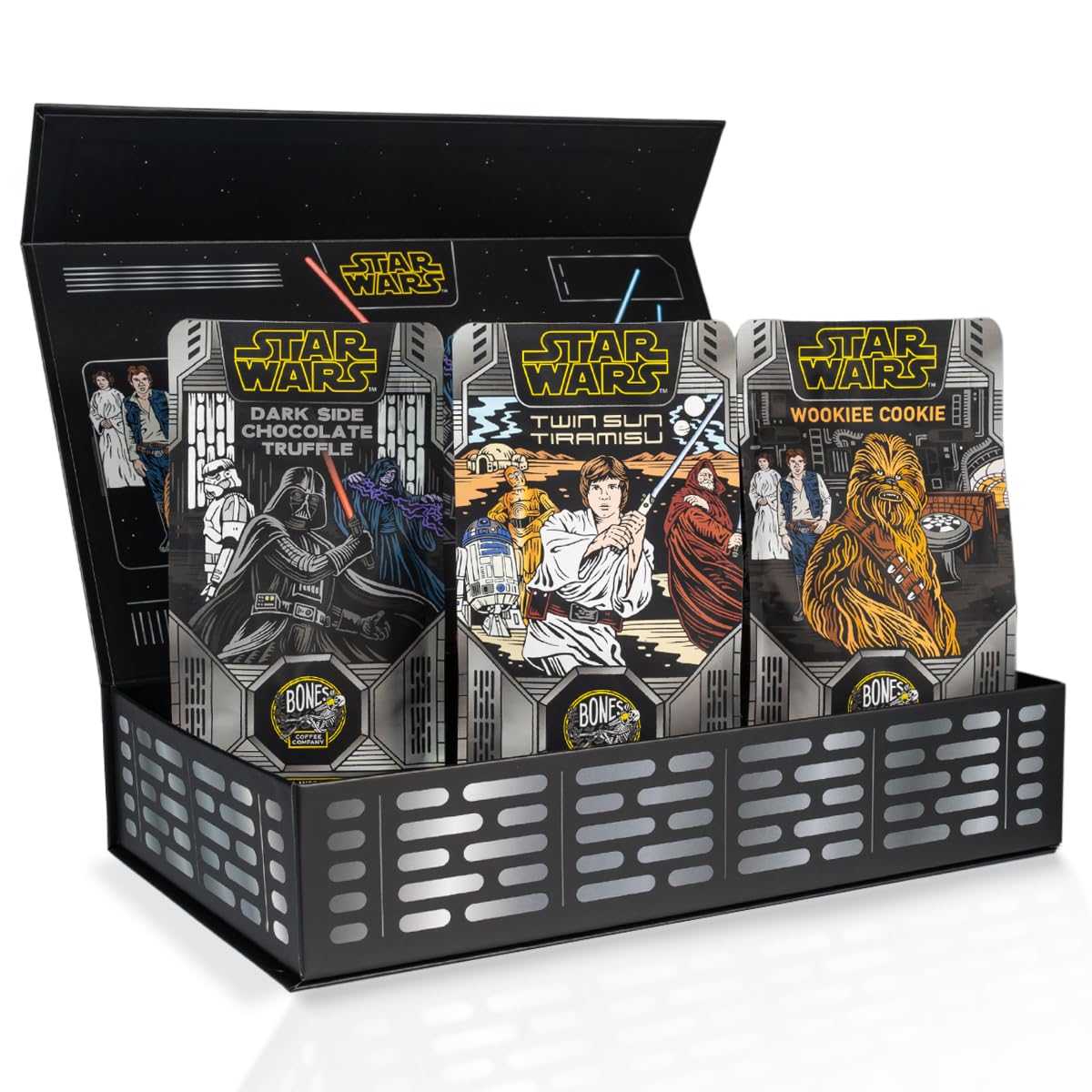 Bones Coffee Company Fallout Collector's Box Sample Pack Gift Set, Flavored Coffee Beans, Medium Roast Ground Coffee Low Acid, Apple Pie Flavor (12 oz Pack of 3): 12 Ounce (Pack of 3) Star Wars Collector's Box (Ground)