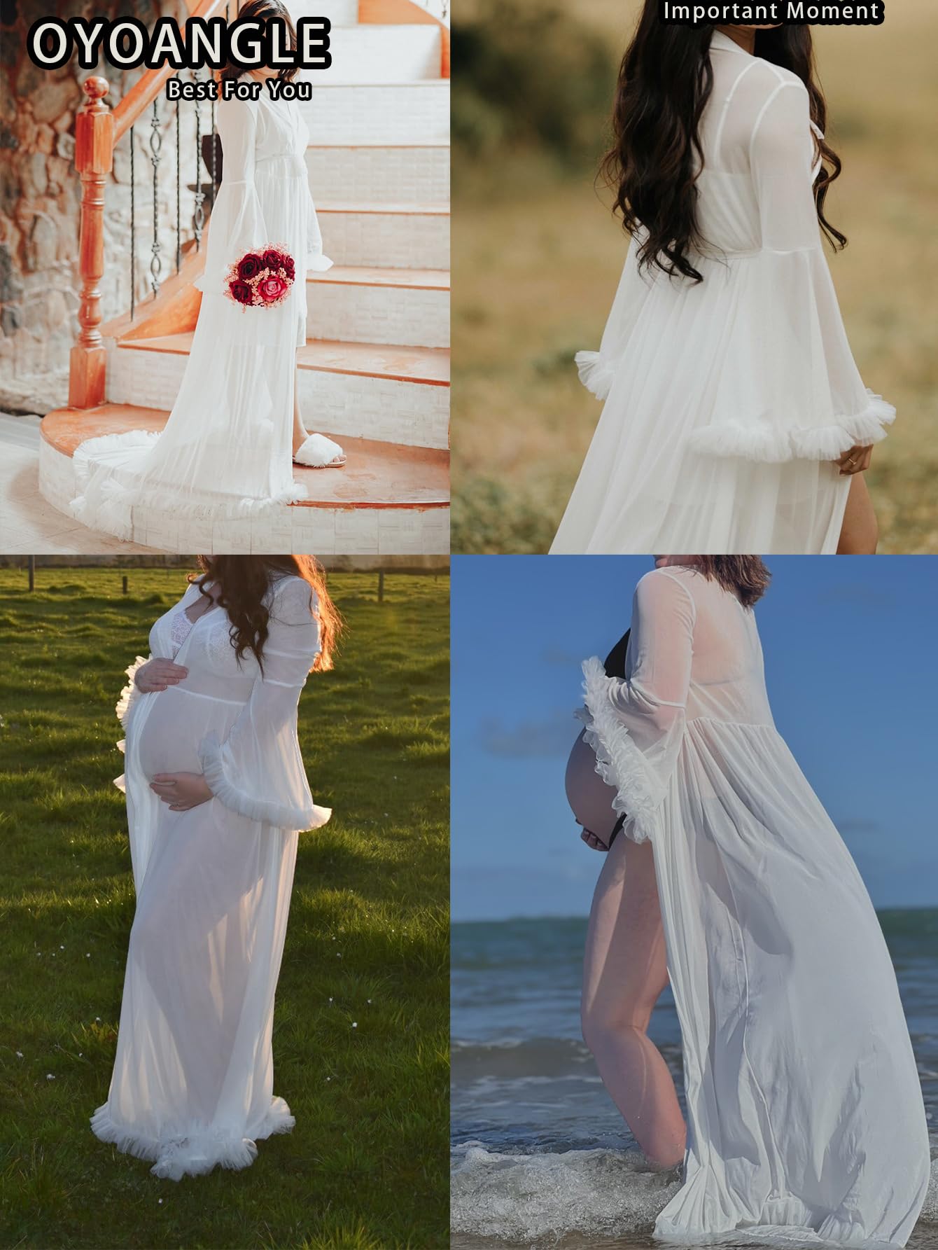 OYOANGLE Women's Ruffle Trim Long Sleeve Belted Sheer Mesh Wedding Bride Robe Nightgown: Small White