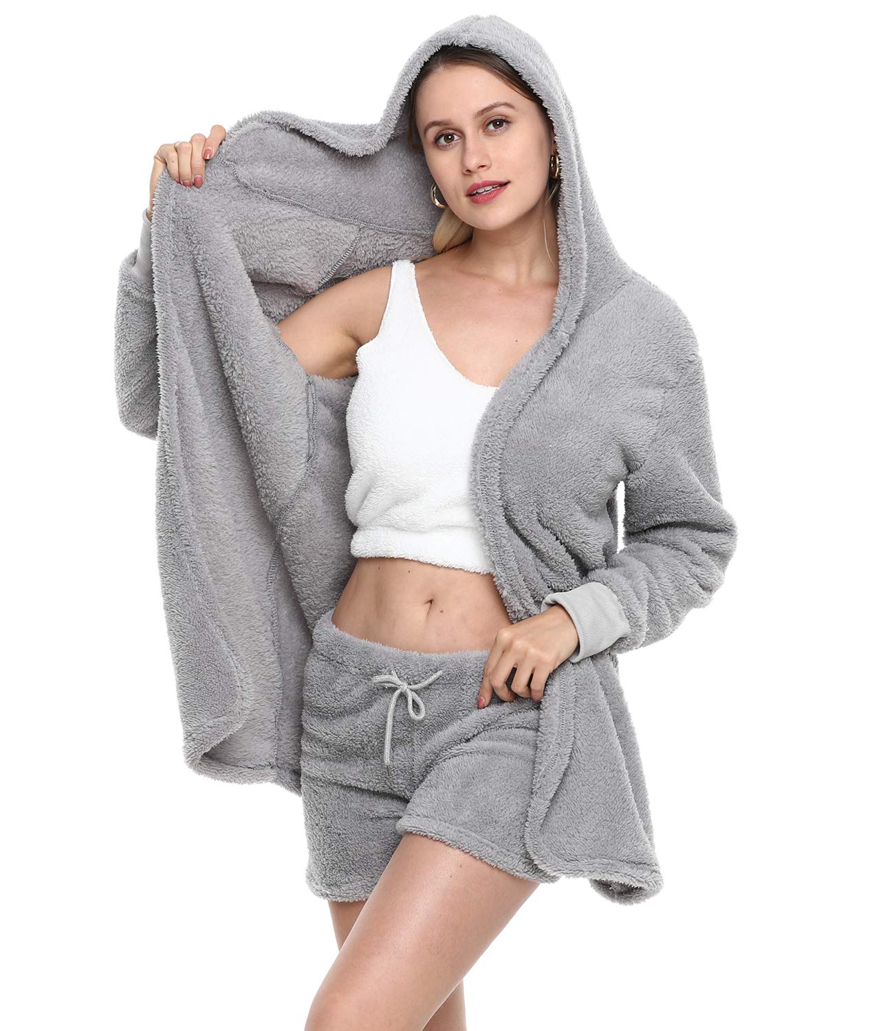 VNVNE Womens Sexy Fuzzy Warm Sherpa Fleece 3 Piece Outfit Fleece Coat Jacket Outwear and Spaghetti Strap Crop Top Shorts Set: Large Grey