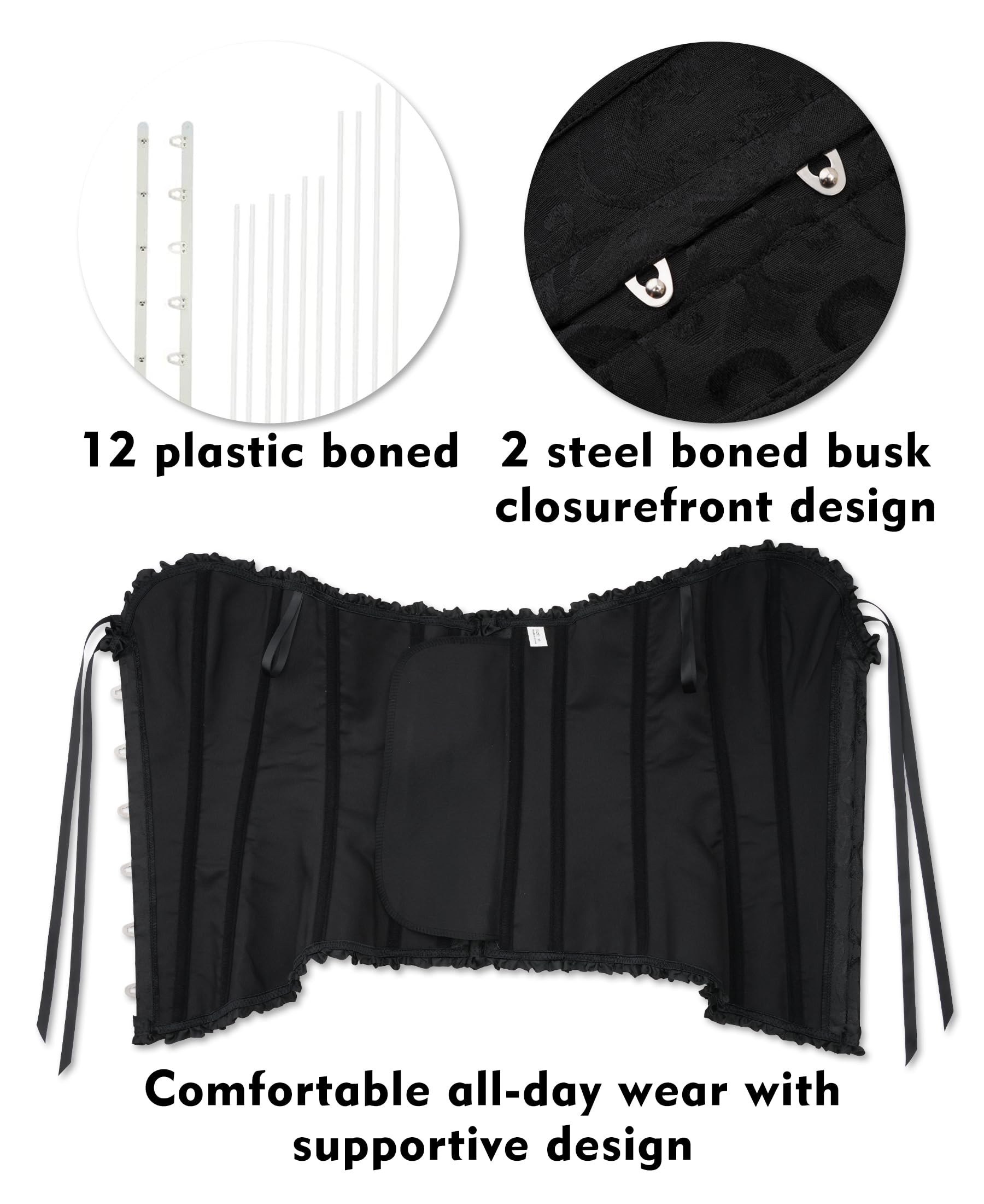 SZIVYSHI Corset Tops for Women, Bustier Shapewear Lingerie, Lace Waist Push Up Bodysuit: Large Black