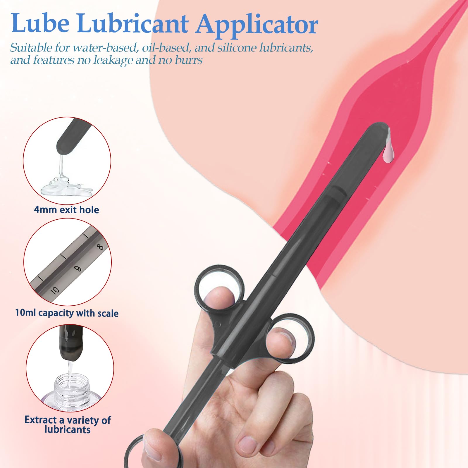 Lube Applicator Injectors with 10ml Precise Scales, 6.5” Long, Anal Shooter with Air-Proof Silicone Cap, Lubricant Applicator for Men, Women & Couples