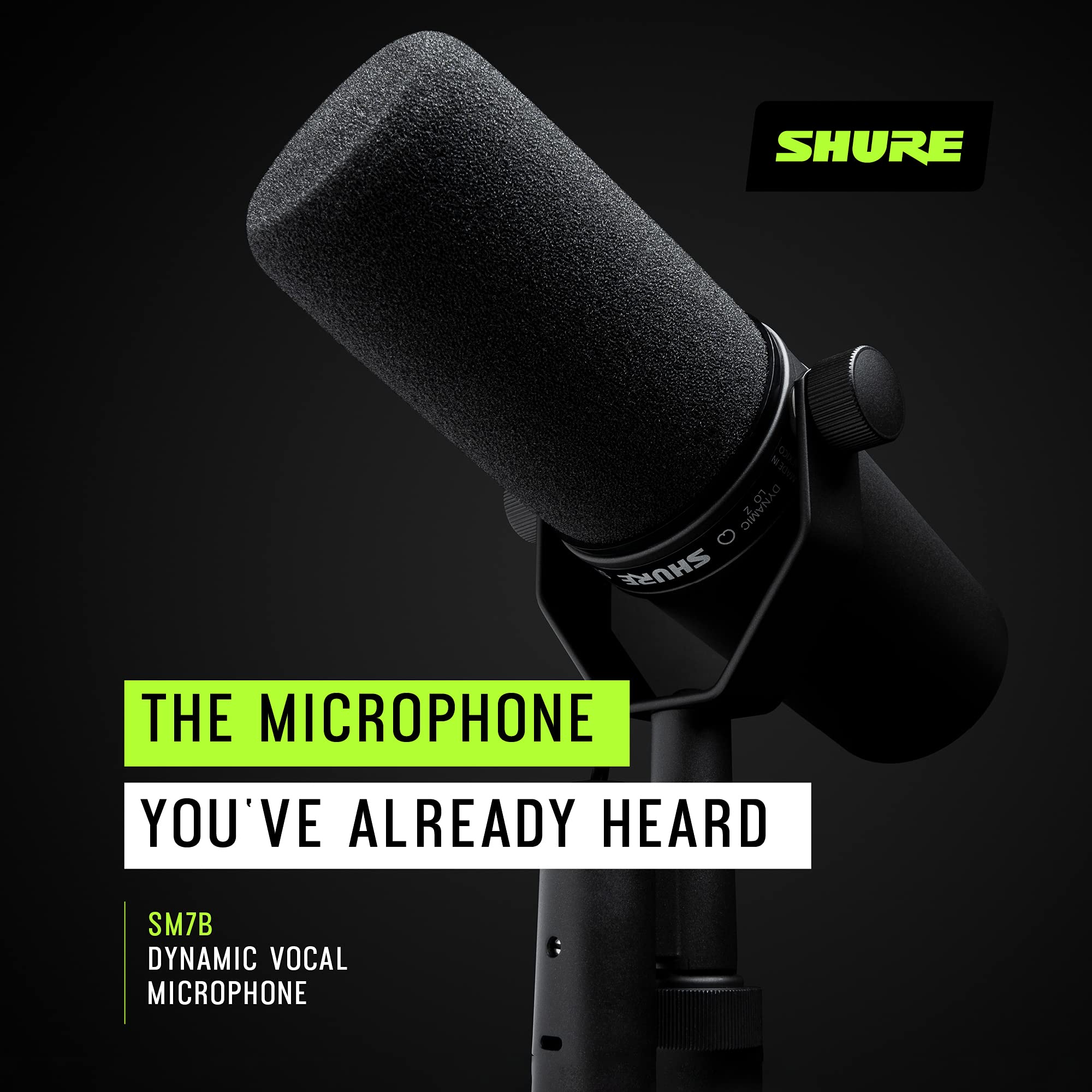 Shure  Microphone - Vocal Dynamic Studio Mic for Broadcast, Podcast, Recording, Gaming & Streaming, XLR, Rugged Construction, Detachable Windscreen, Smooth Sound, Warm Vocals, Wide-Range Frequency: SM7B