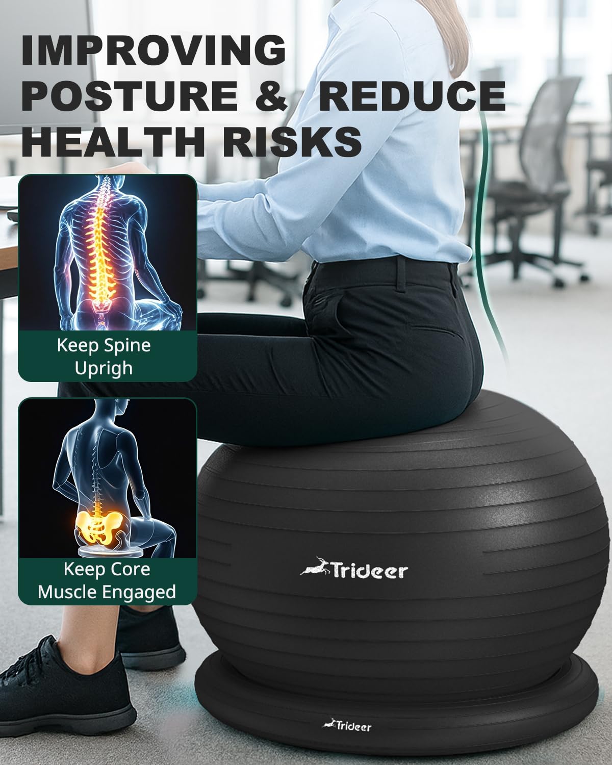 Trideer Yoga Ball Chair with Base - Stability & Fitness Ball Seat for Home Office, Pregnancy & Workout thumbnail 3