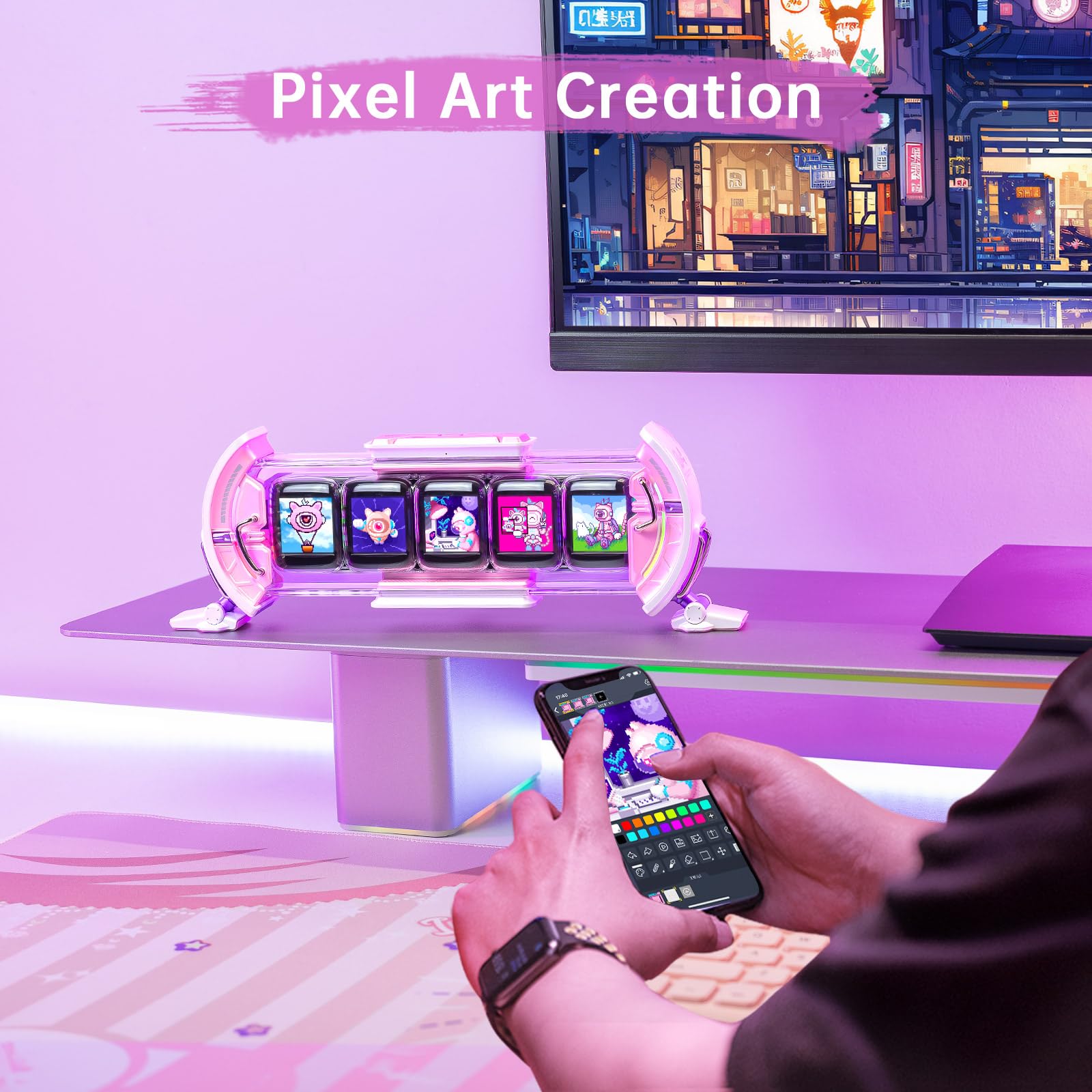 Divoom Times Gate - Cute Gaming Digital Clock with Smart App-Controlled, Support Weather Forecast, Stock Market/Exchange Rate, Social Media, Pixel Art Display for Gamers & Home Office Decor (Pink)