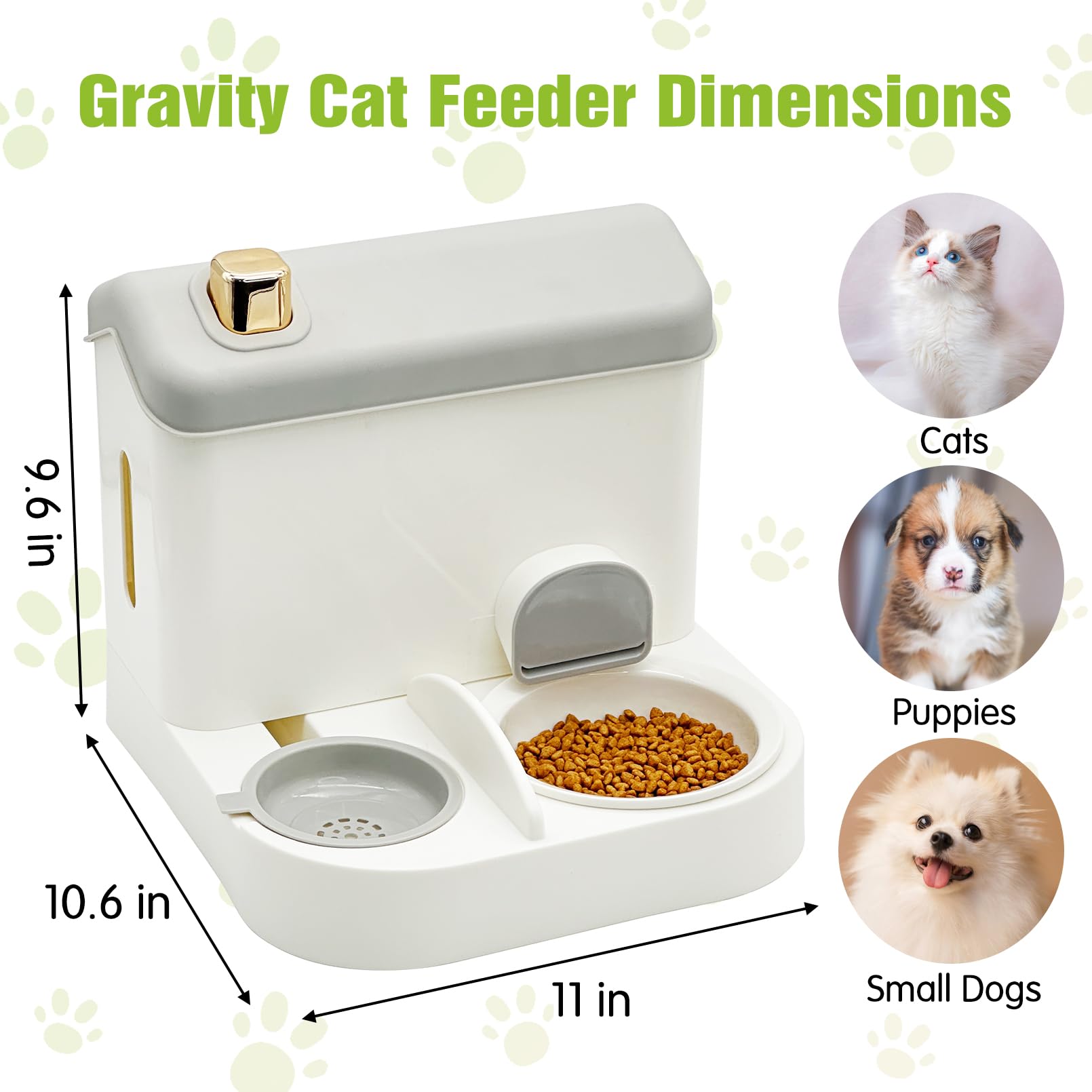 Fhiny Gravity Cat Feeder and Water Dispenser, 2 in 1 Automatic Pet Waterer Detachable Stainless Steel Food Bowls Set Pet Food Storage for Small Dog Puppy Cat Kitten Pet Easy Clean (Grey): Style F Grey-Ceramic Bowl